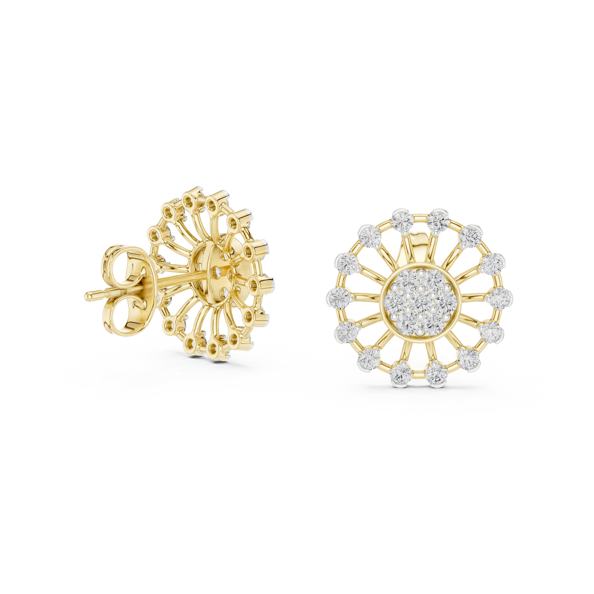 Sunburst diamond stud earrings in gold with round lab grown diamonds