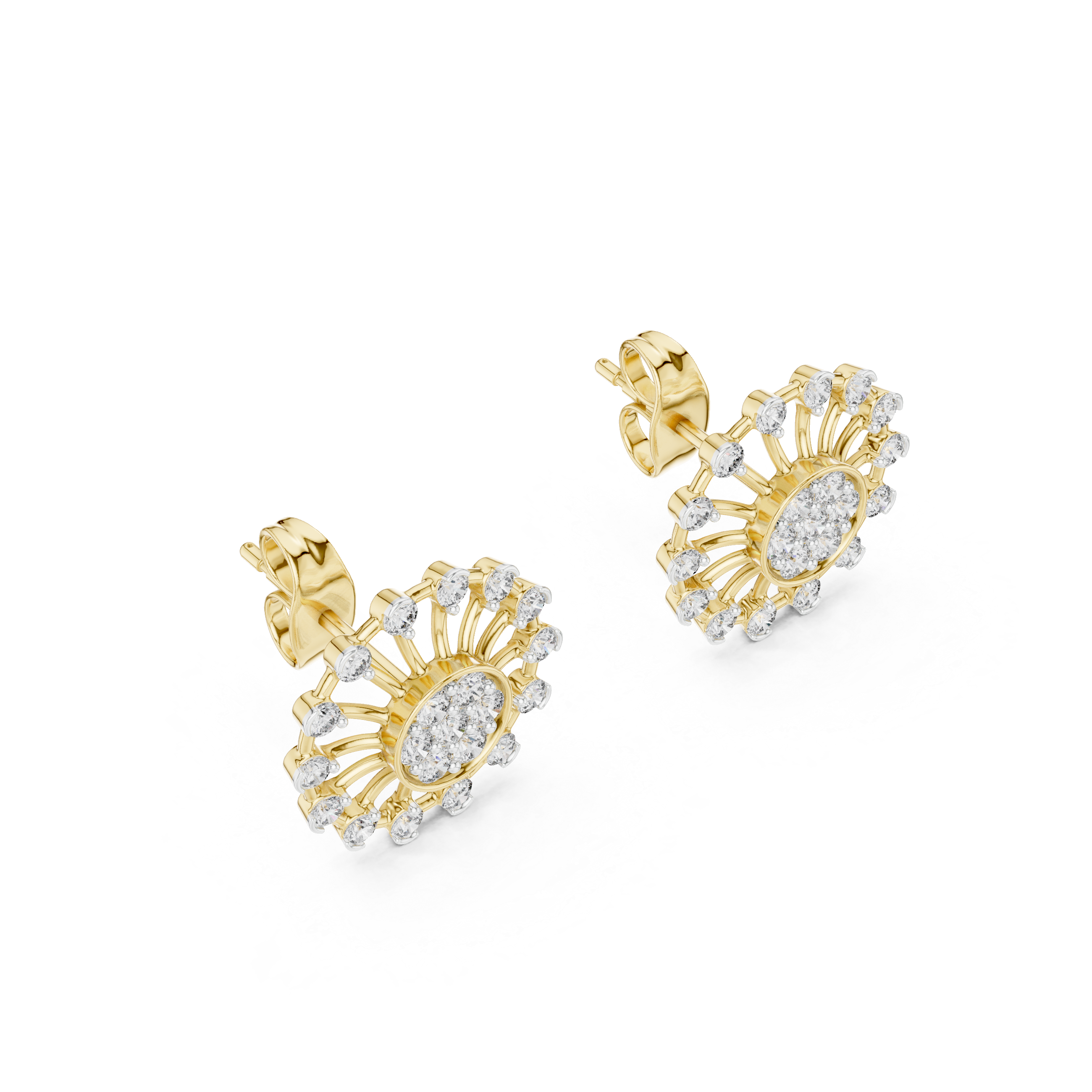 Sunburst diamond stud earrings in gold with round lab grown diamonds