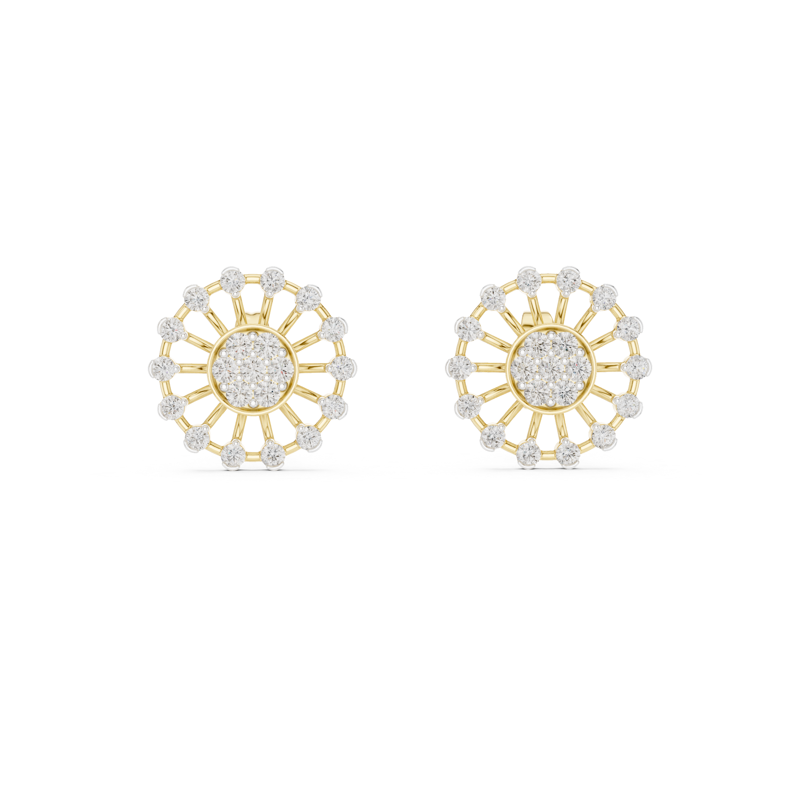 Sunburst diamond stud earrings in gold with round lab grown diamonds