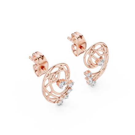 Side profile of rose gold nature-inspired abstract swirl diamond studs.