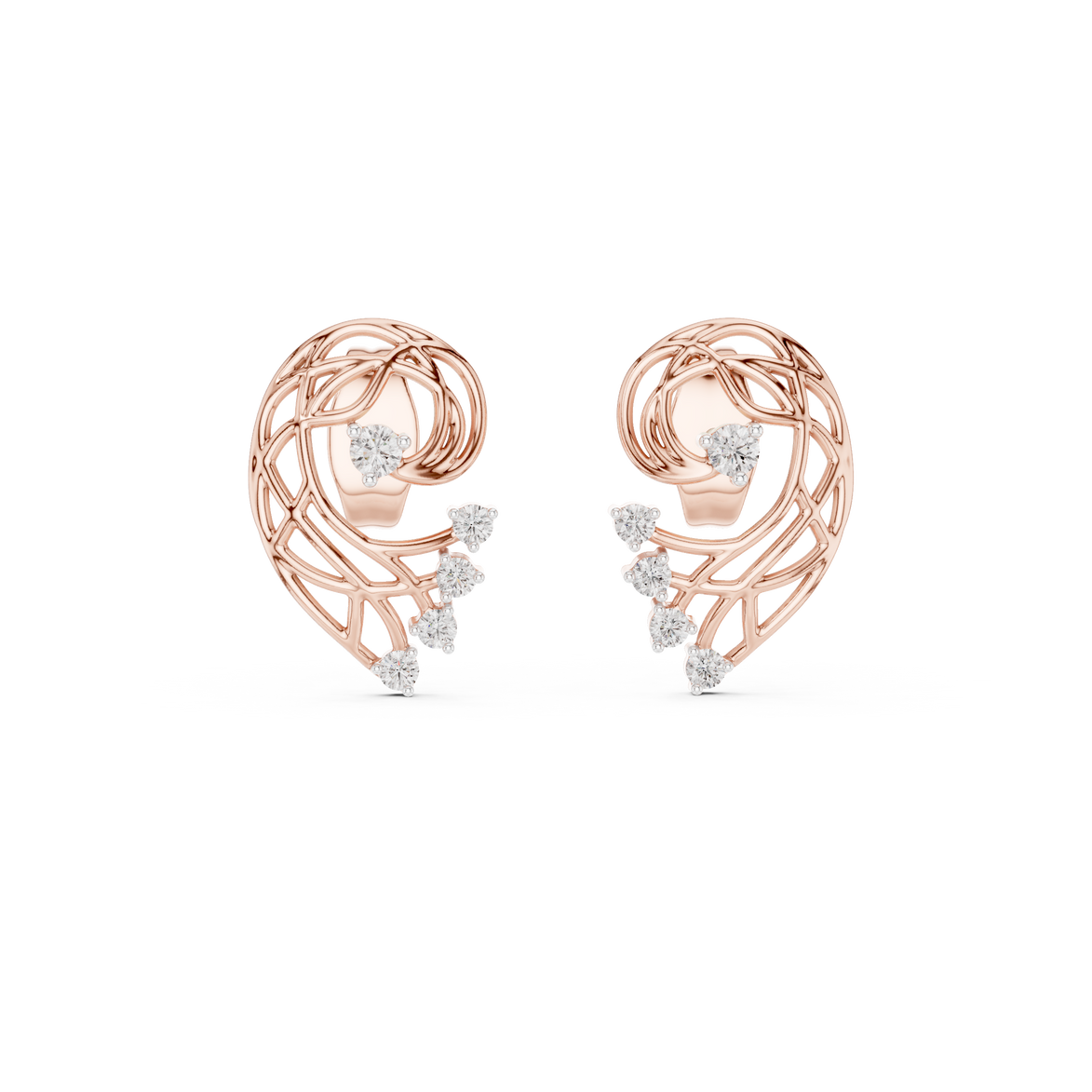 Abstract swirl diamond stud earrings in gold with round lab grown diamonds