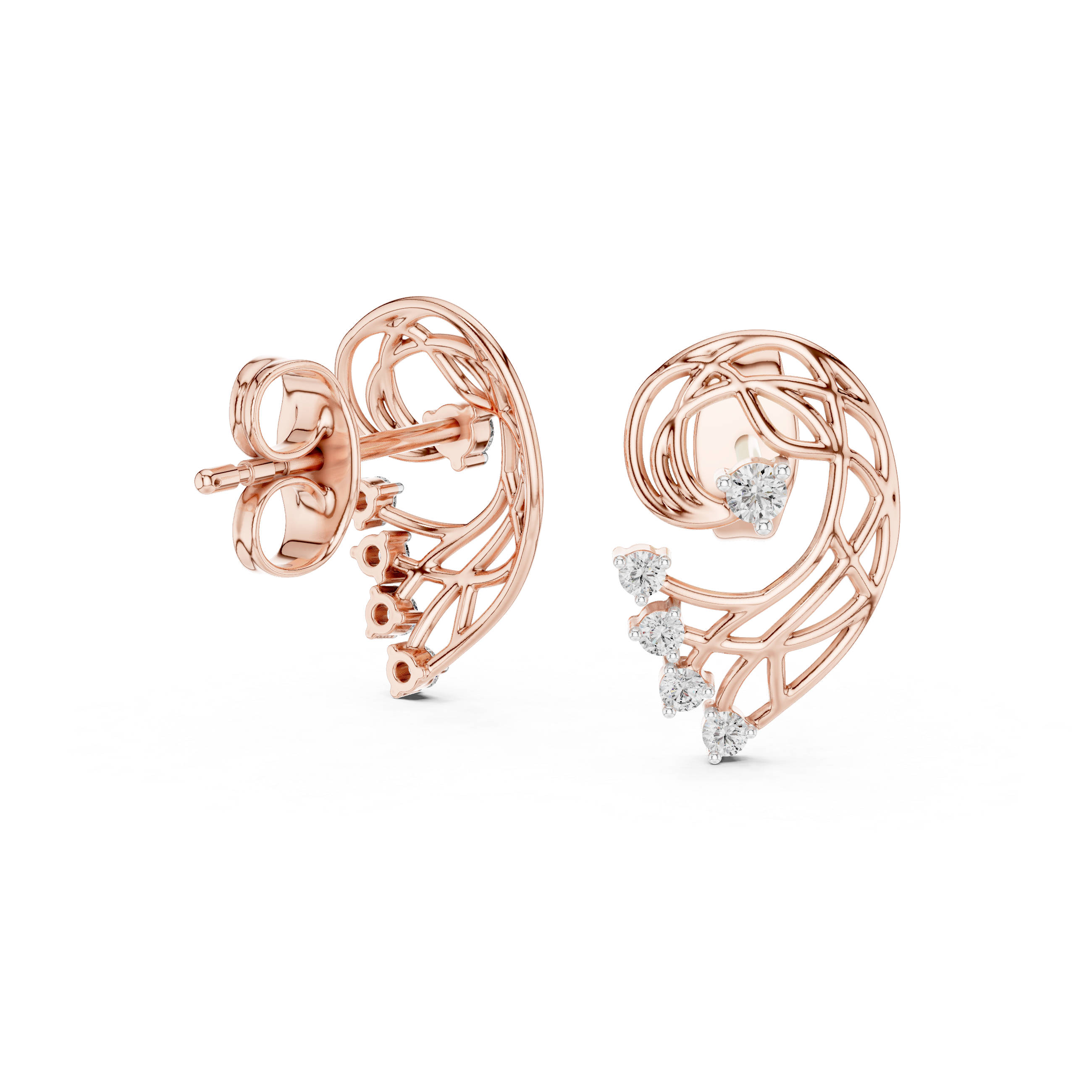 Abstract swirl diamond stud earrings in gold with round lab grown diamonds