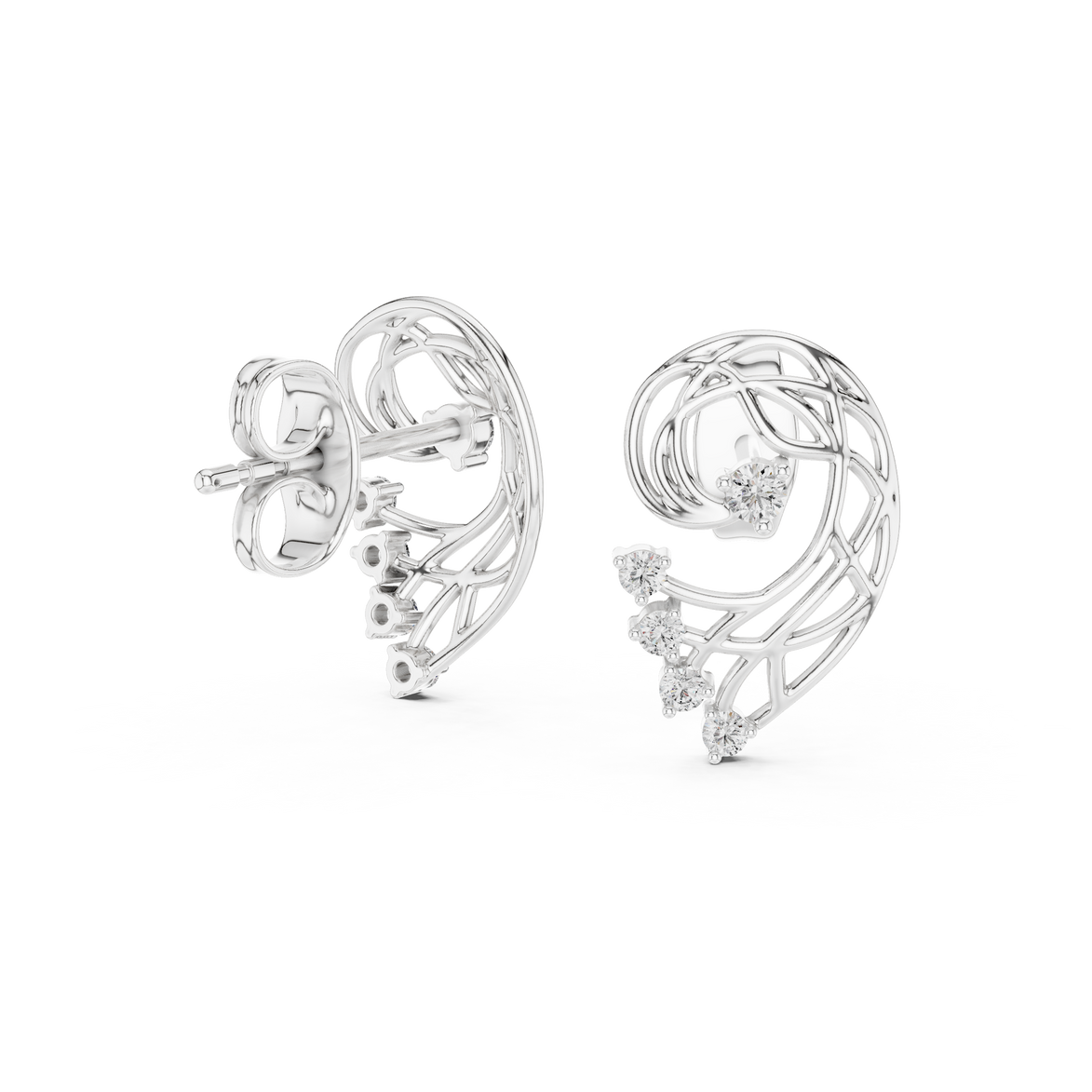 Abstract swirl diamond stud earrings in gold with round lab grown diamonds