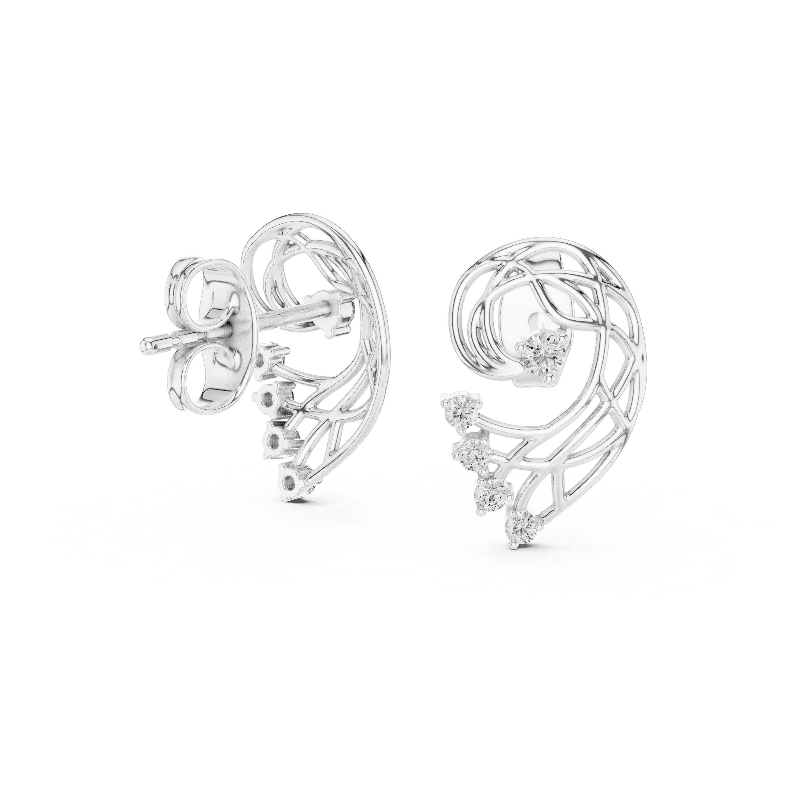Abstract swirl diamond stud earrings in gold with round lab grown diamonds