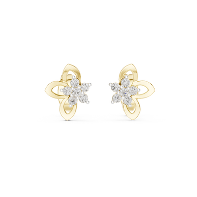 Front view of Blooming Elegance diamond flower stud earrings in yellow gold.