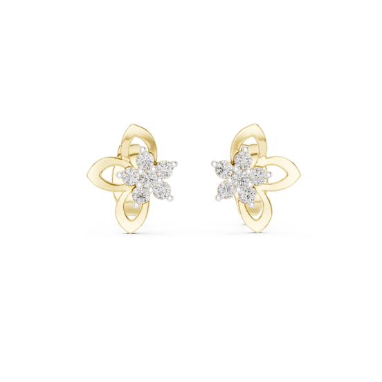Front view of Blooming Elegance diamond flower stud earrings in yellow gold.