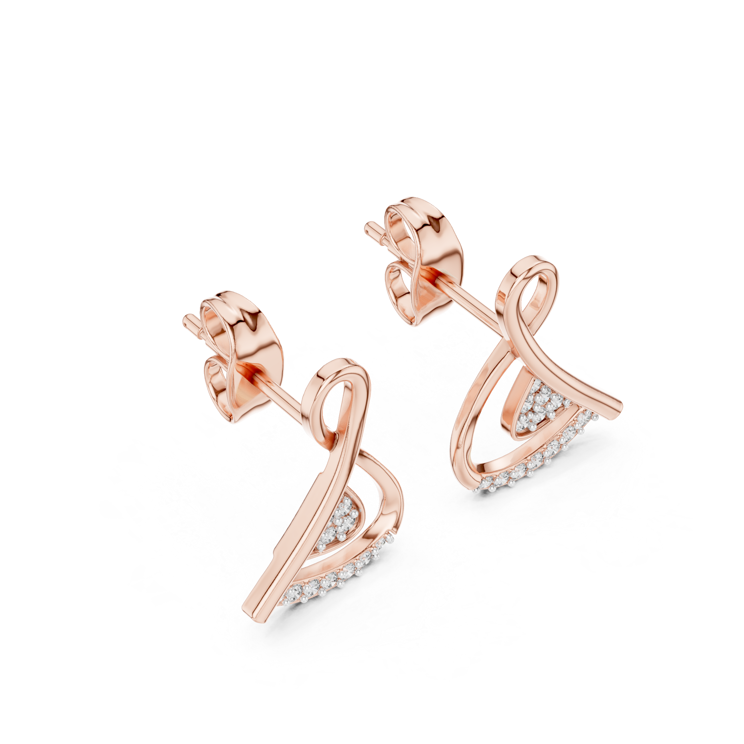 Swirl diamond stud earrings in gold with round lab grown diamonds