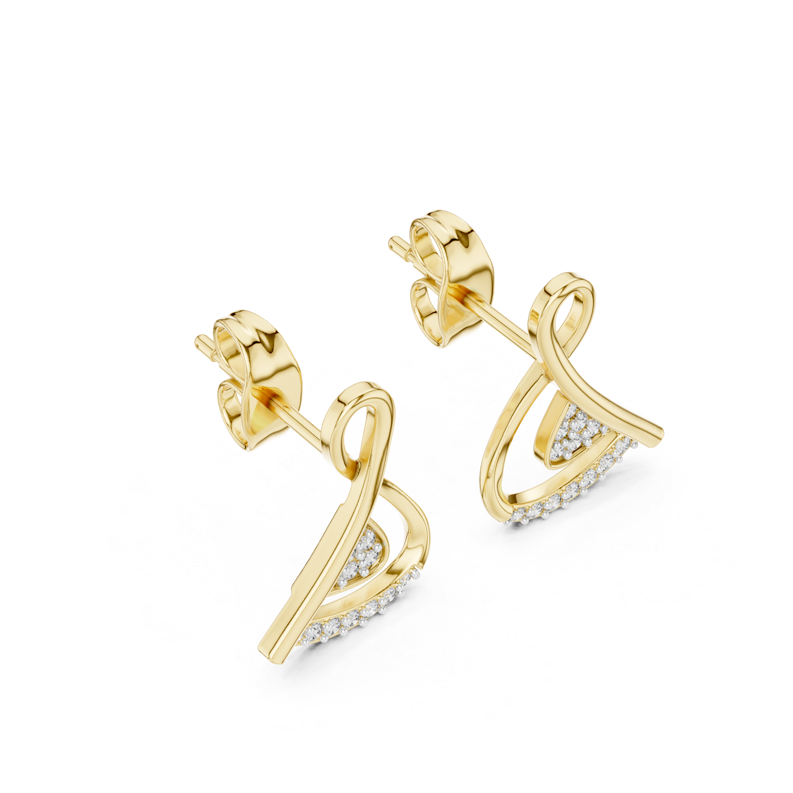 Swirl diamond stud earrings in gold with round lab grown diamonds