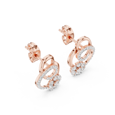 Side profile of rose gold floral swirl diamond stud earrings.