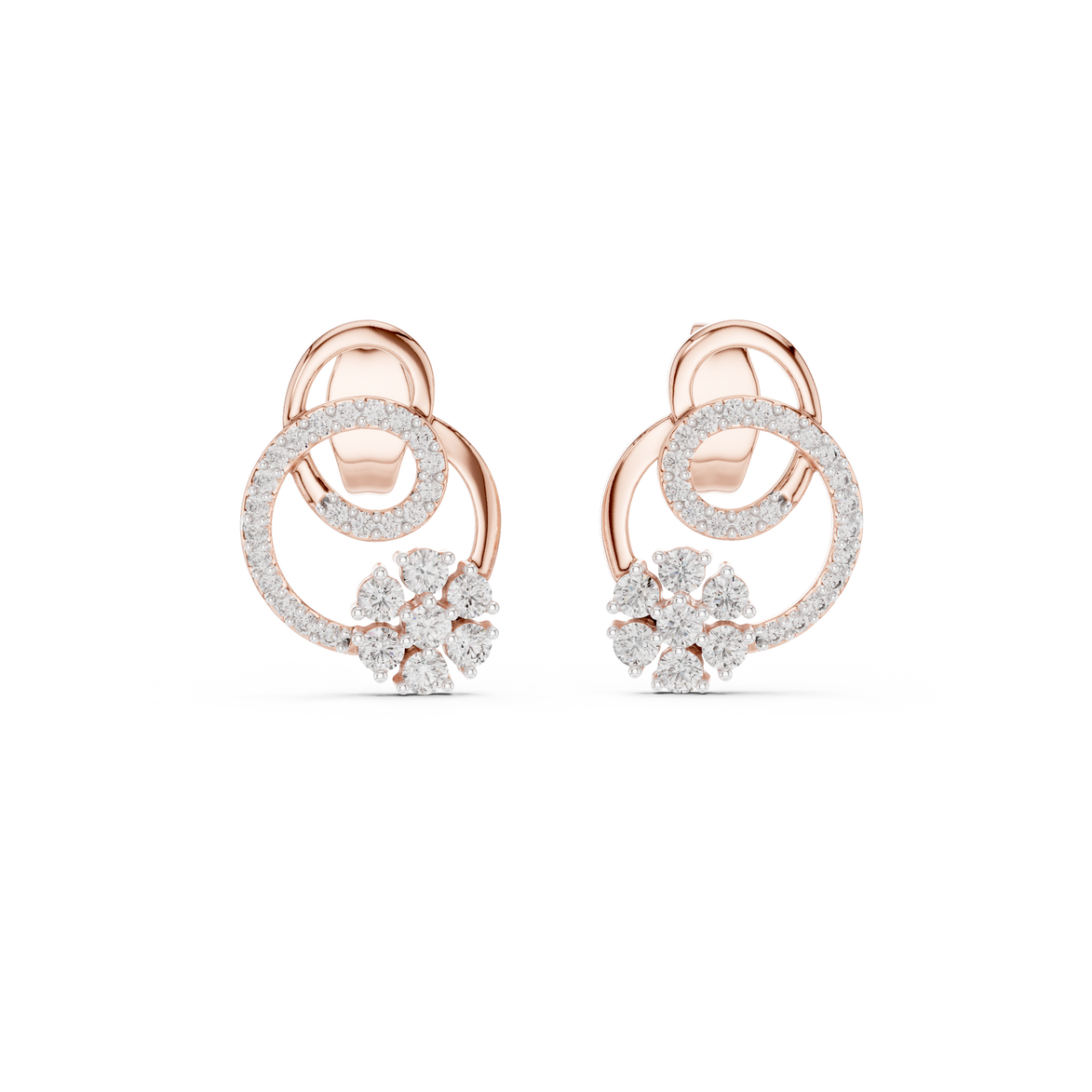 Floral halo diamond stud earrings in gold with round lab grown diamonds