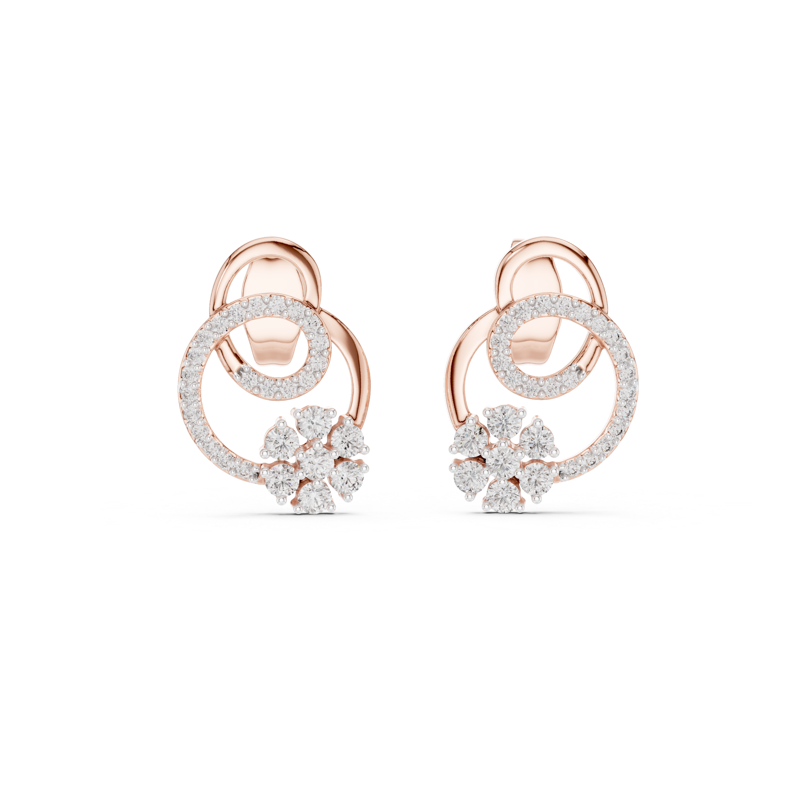 Floral halo diamond stud earrings in gold with round lab grown diamonds
