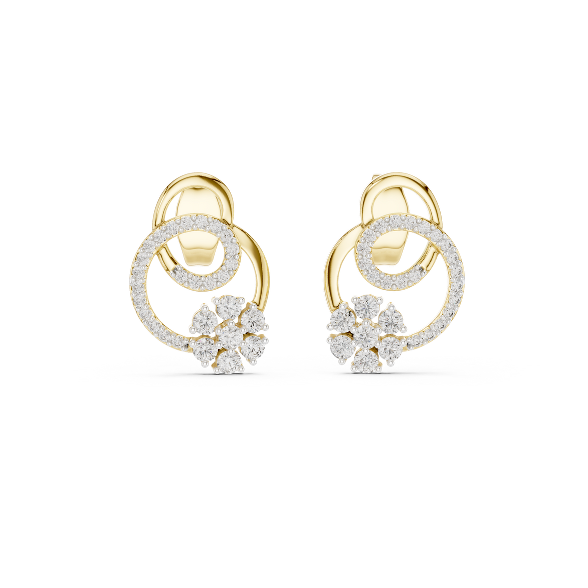 Floral halo diamond stud earrings in gold with round lab grown diamonds
