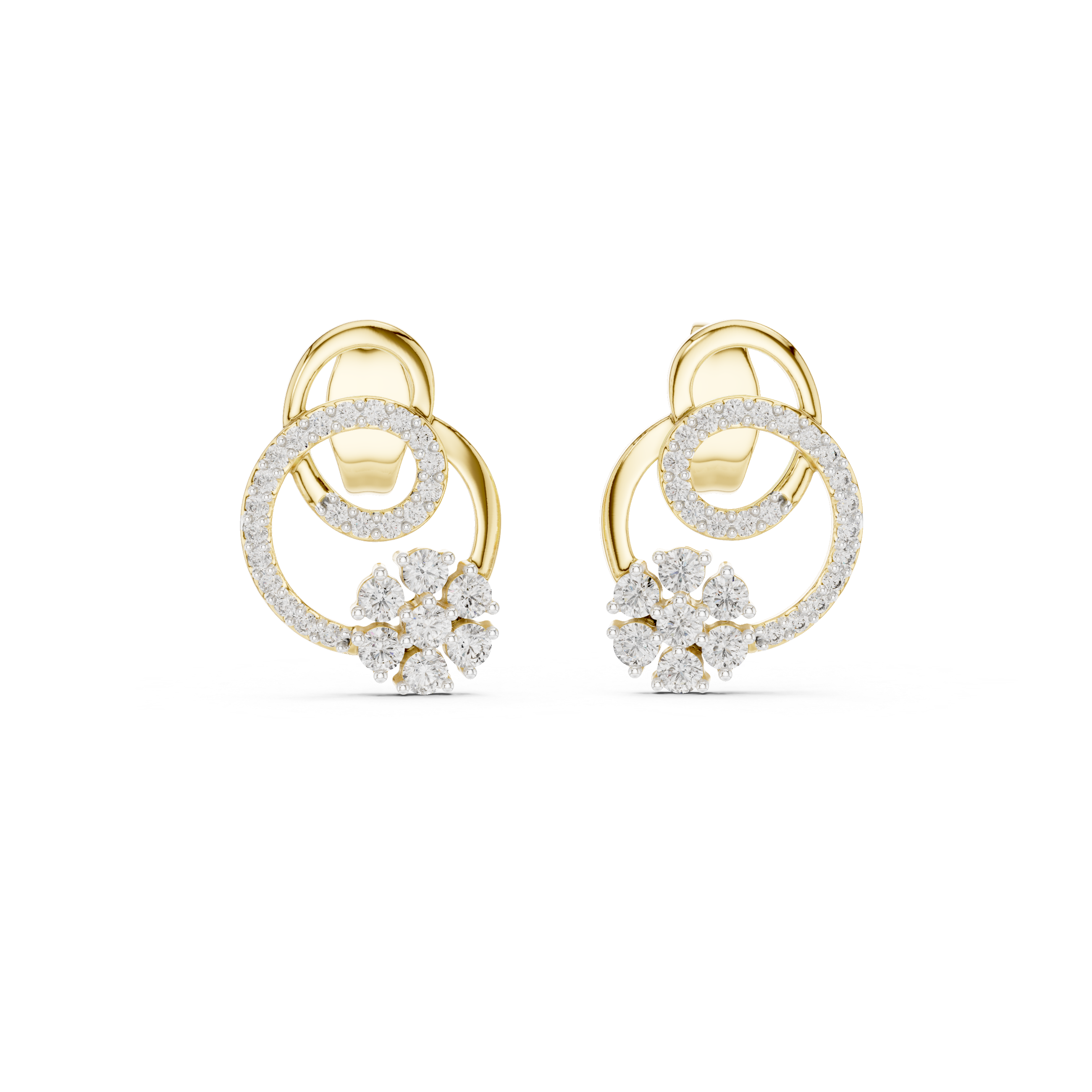 Floral halo diamond stud earrings in gold with round lab grown diamonds