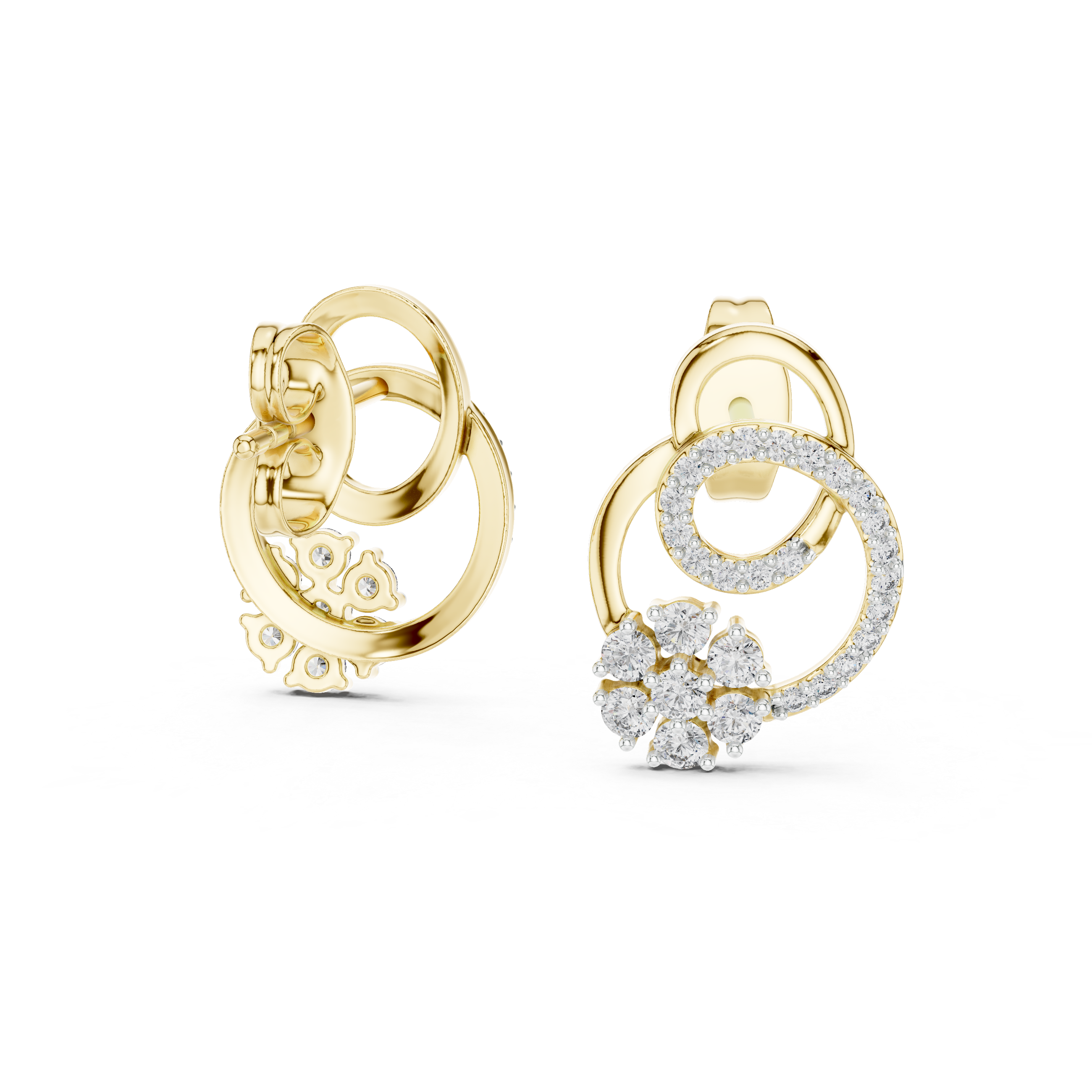 Floral halo diamond stud earrings in gold with round lab grown diamonds