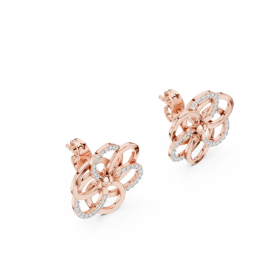 Side profile of rose gold intertwining petal diamond stud earrings.