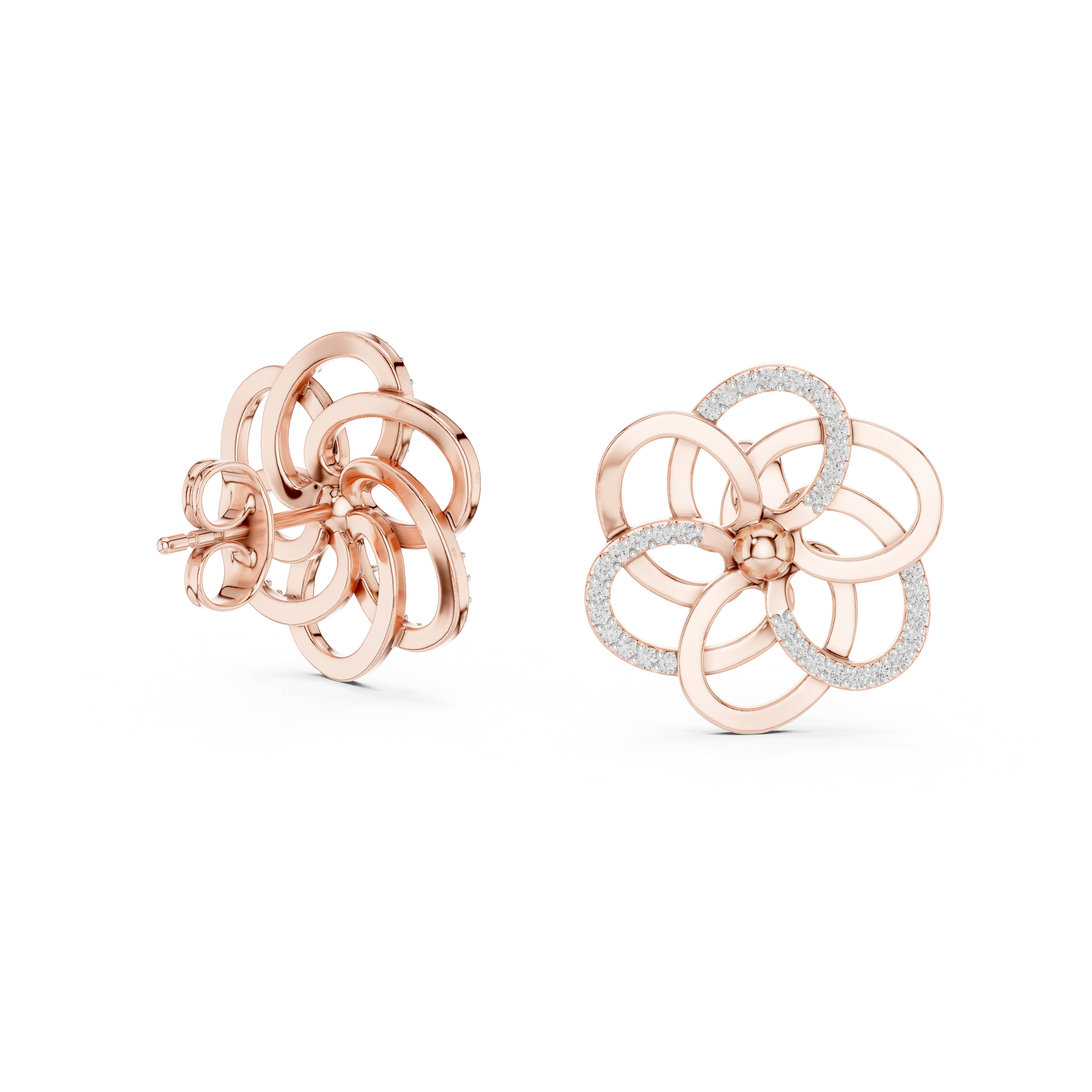 Floral diamond stud earrings in gold with round lab grown diamonds