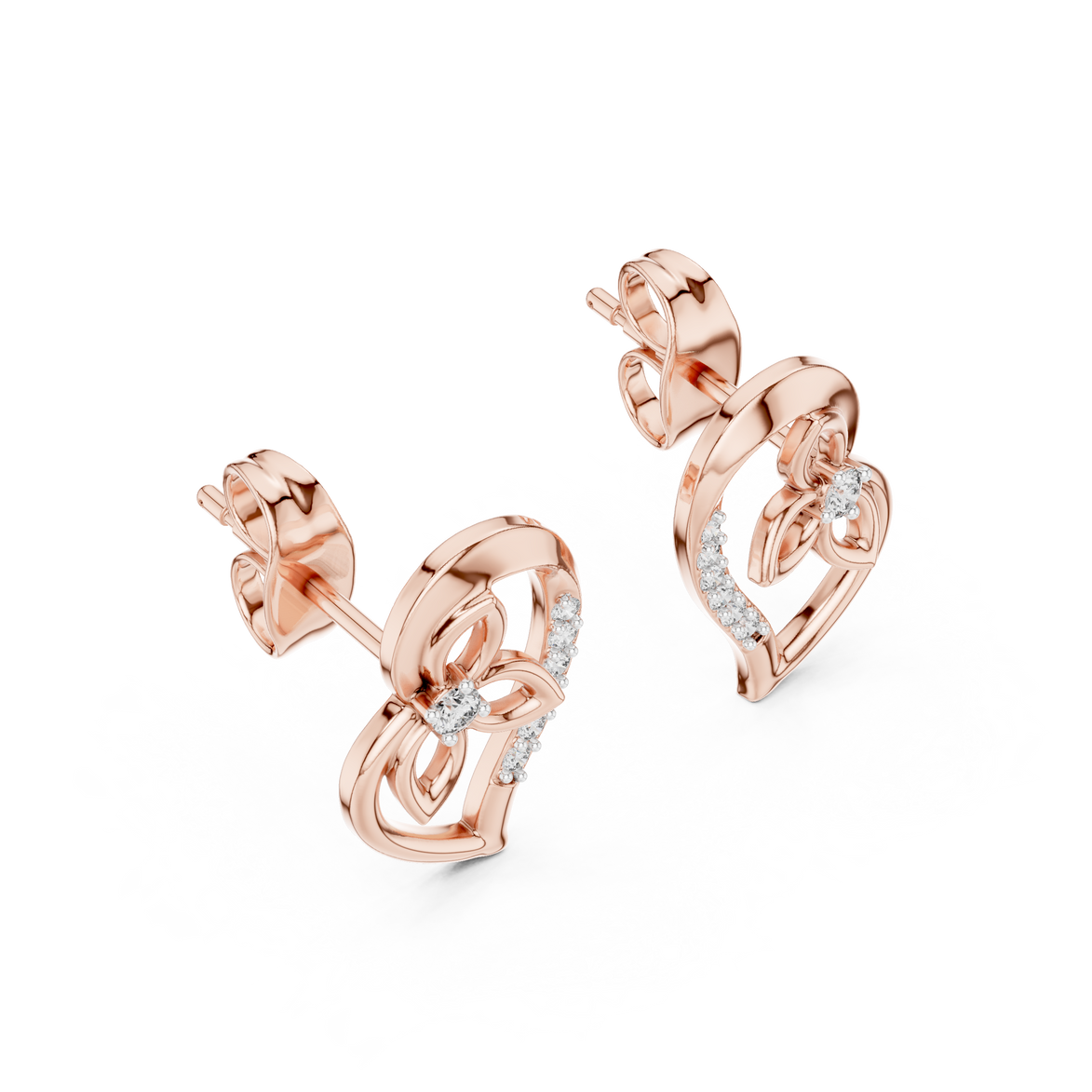 Heart diamond stud earrings in gold with round lab grown diamonds