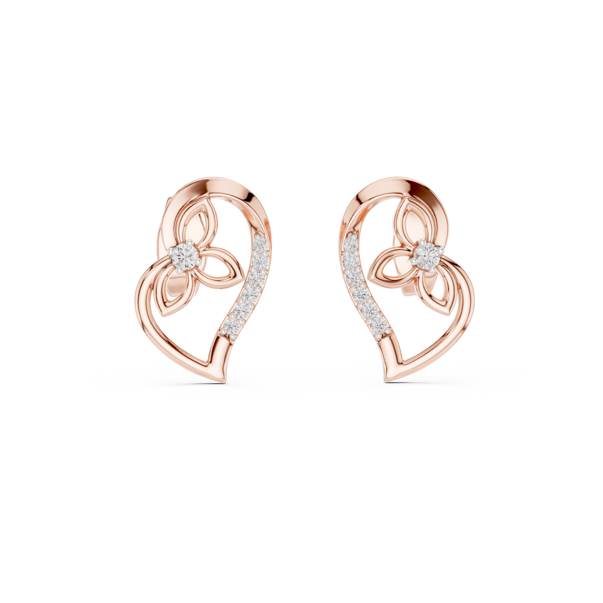 Heart diamond stud earrings in gold with round lab grown diamonds