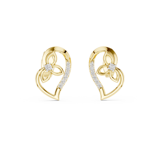 Front view of Whimsical Bloom heart diamond stud earrings in yellow gold.