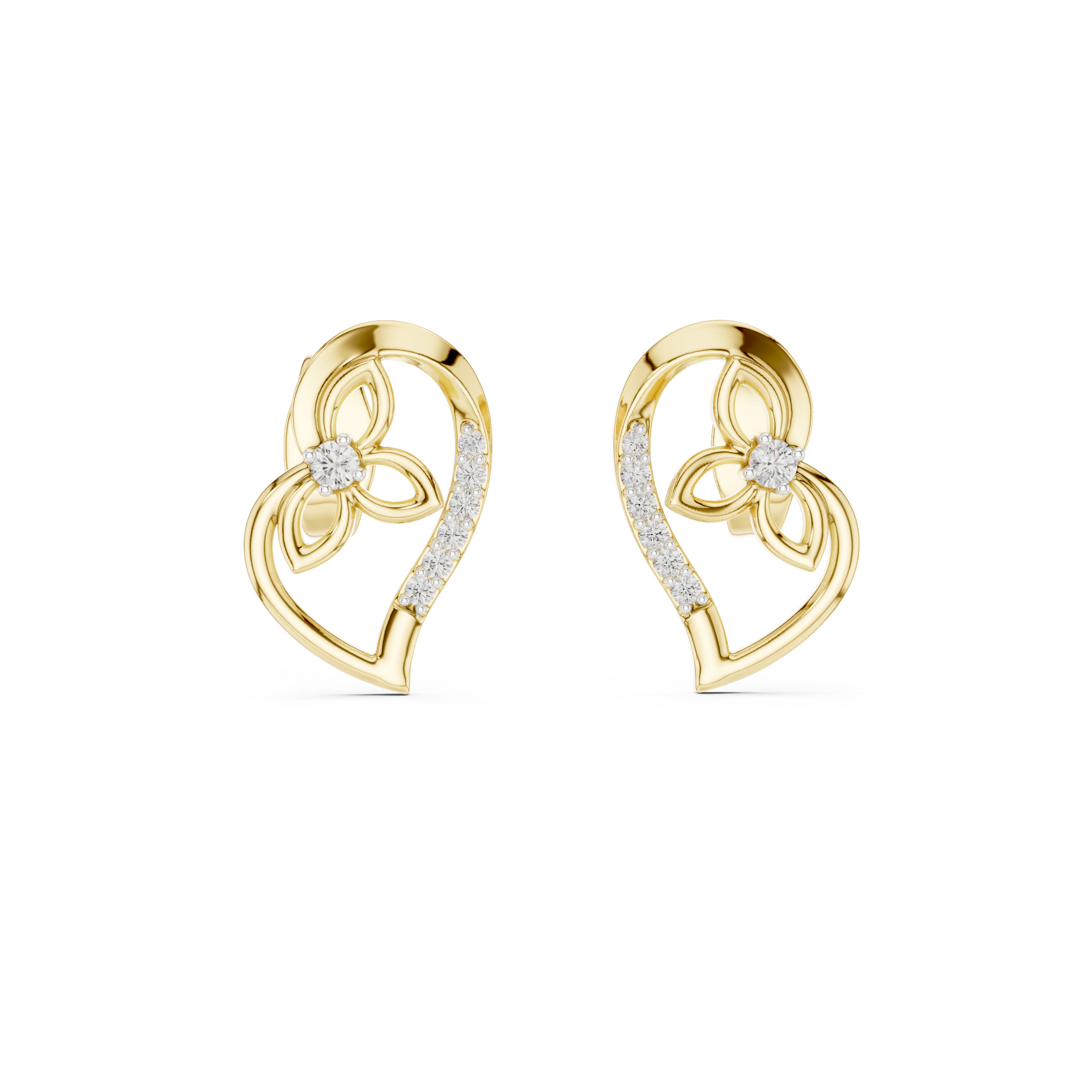Heart diamond stud earrings in gold with round lab grown diamonds