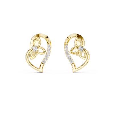 Front view of Whimsical Bloom heart diamond stud earrings in yellow gold.