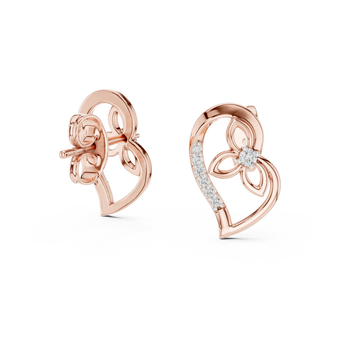 Heart diamond stud earrings in gold with round lab grown diamonds