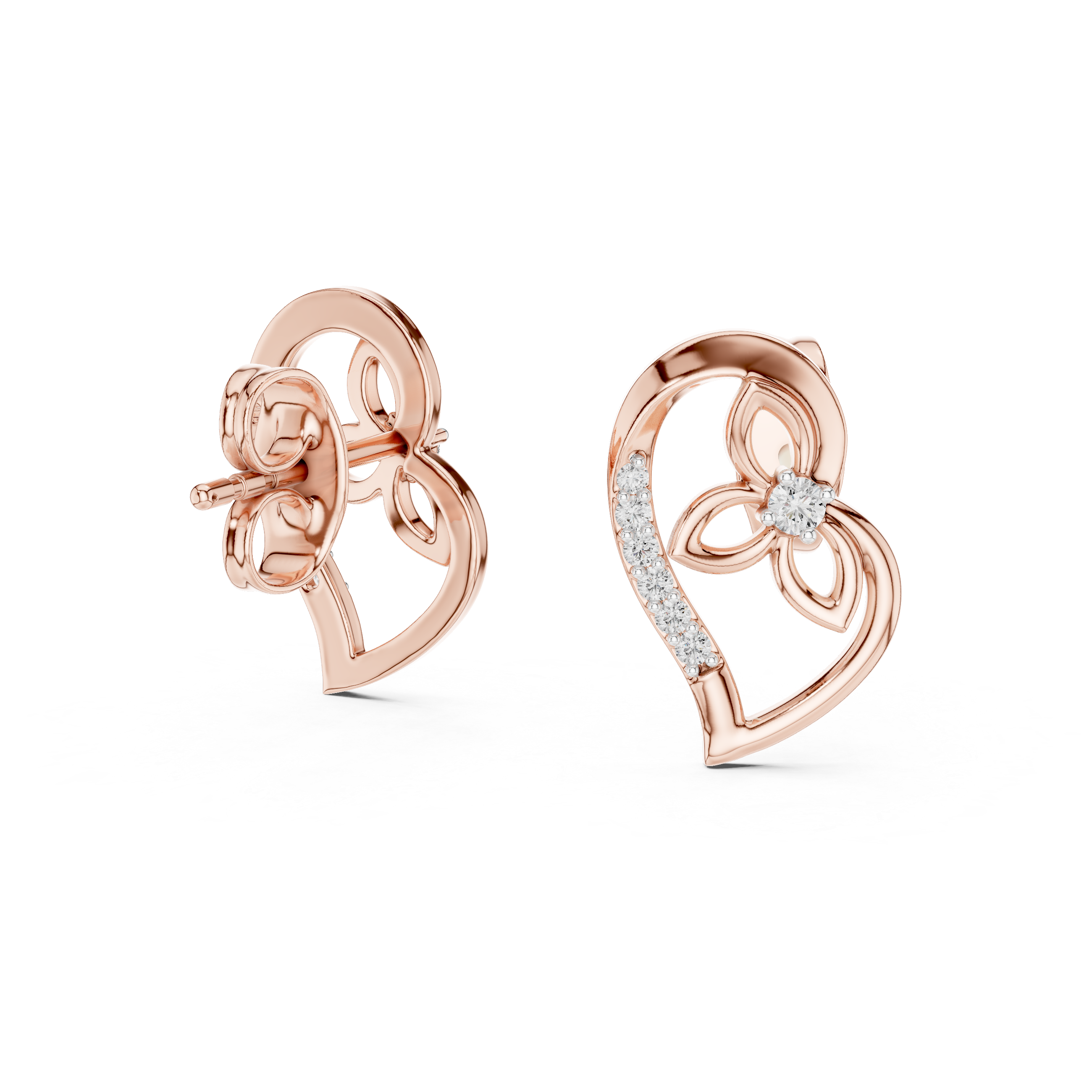 Heart diamond stud earrings in gold with round lab grown diamonds