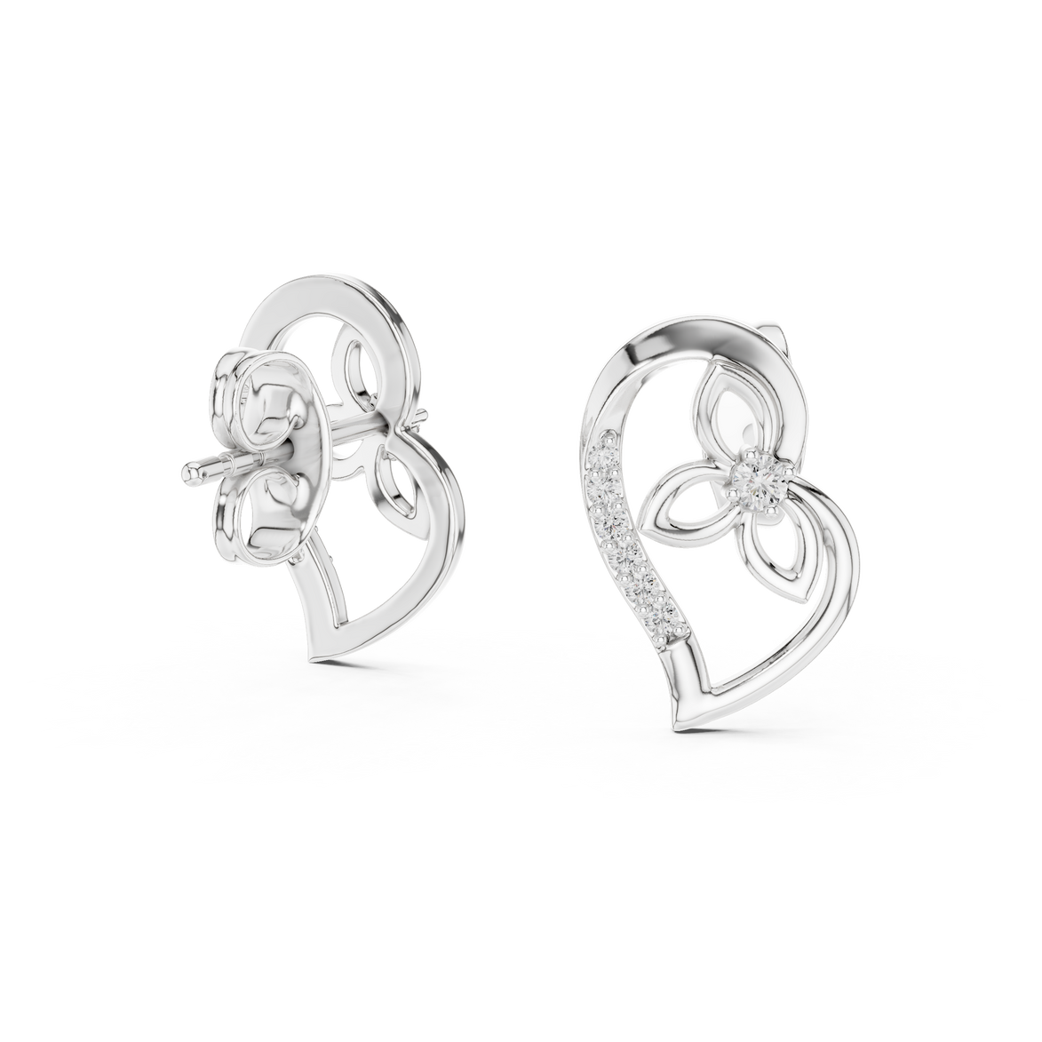 Heart diamond stud earrings in gold with round lab grown diamonds