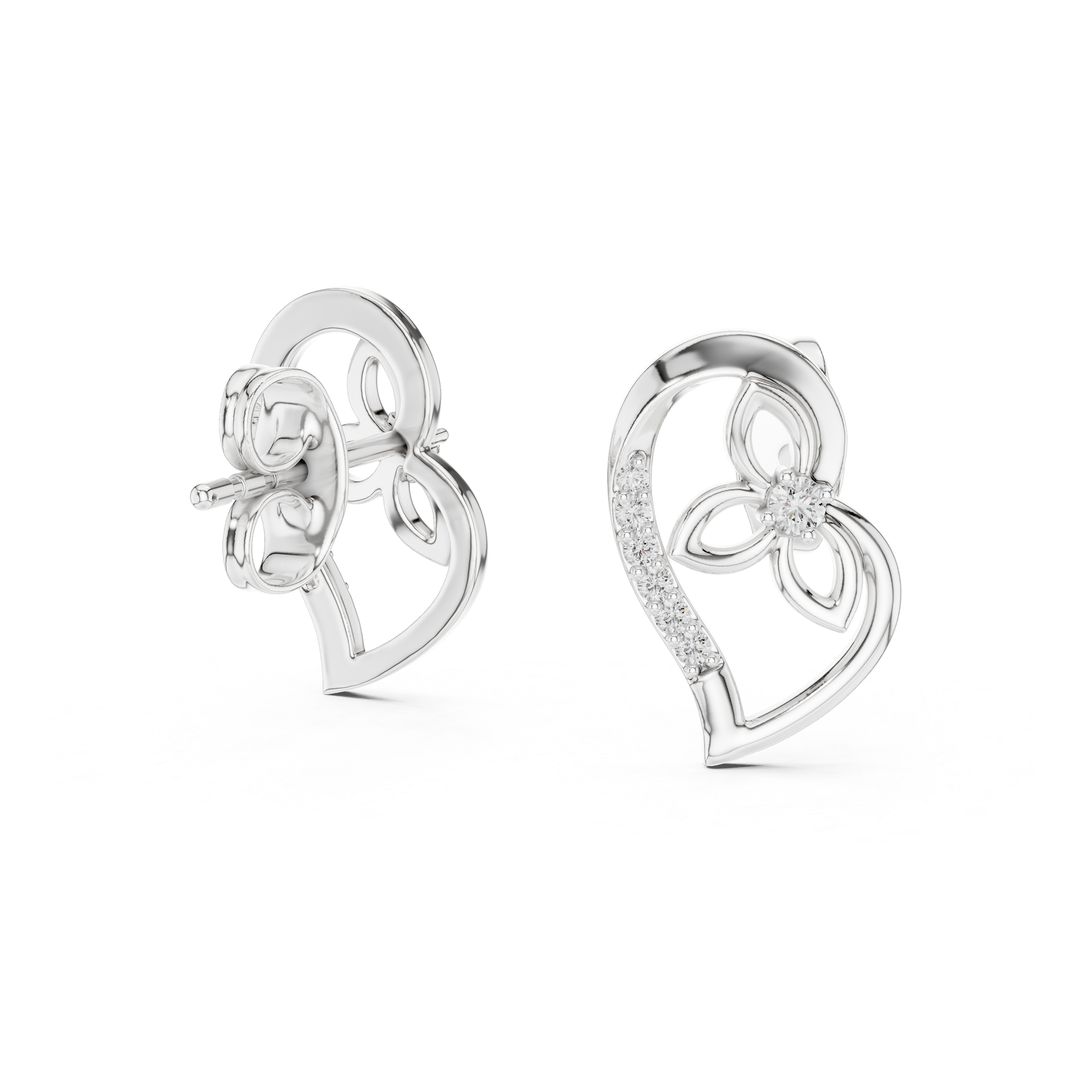 Heart diamond stud earrings in gold with round lab grown diamonds