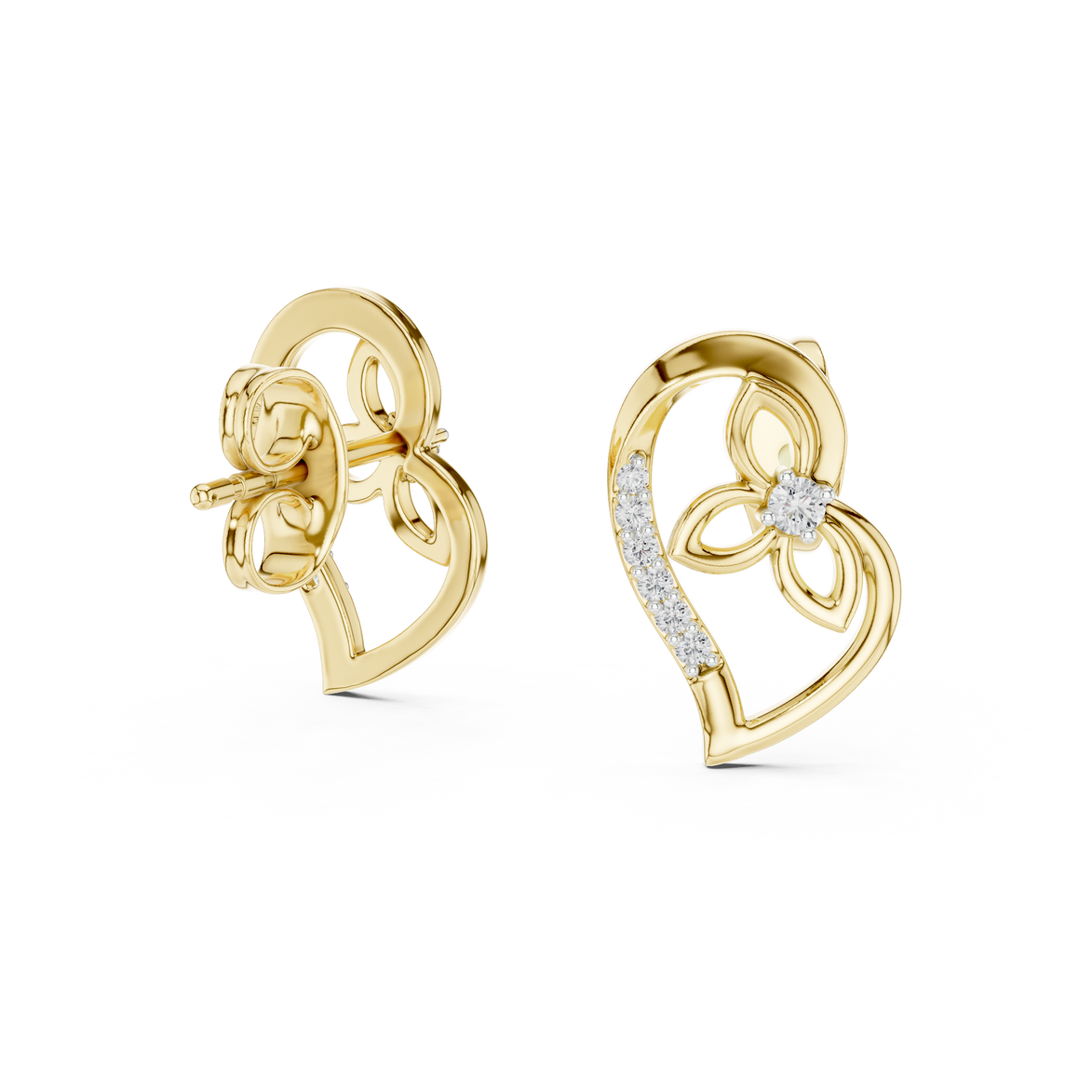Heart diamond stud earrings in gold with round lab grown diamonds