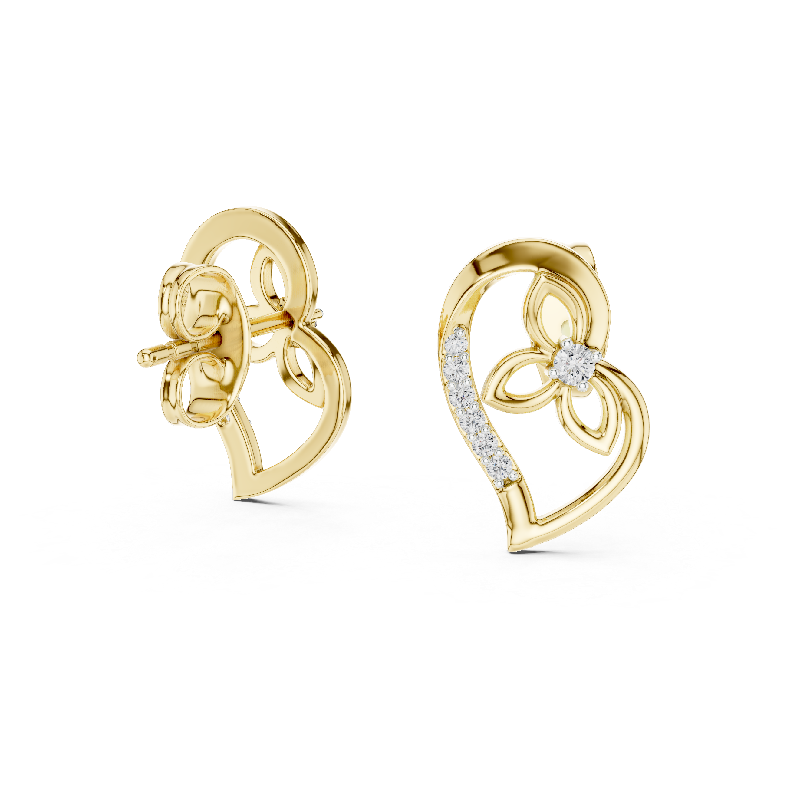 Heart diamond stud earrings in gold with round lab grown diamonds