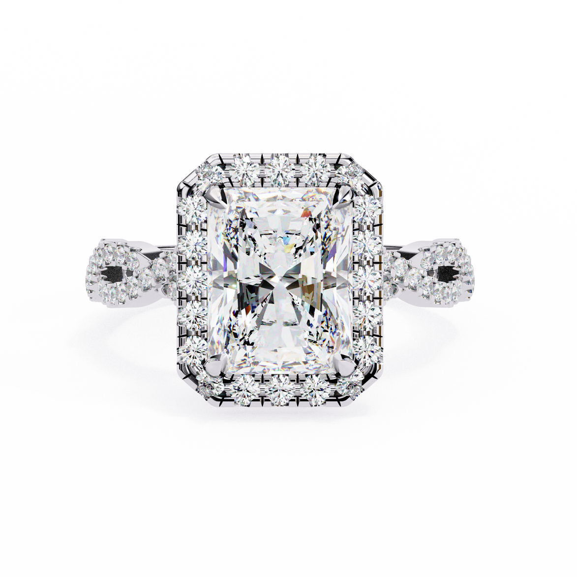 Diamond ring with a large central gemstone and smaller stones on a white background