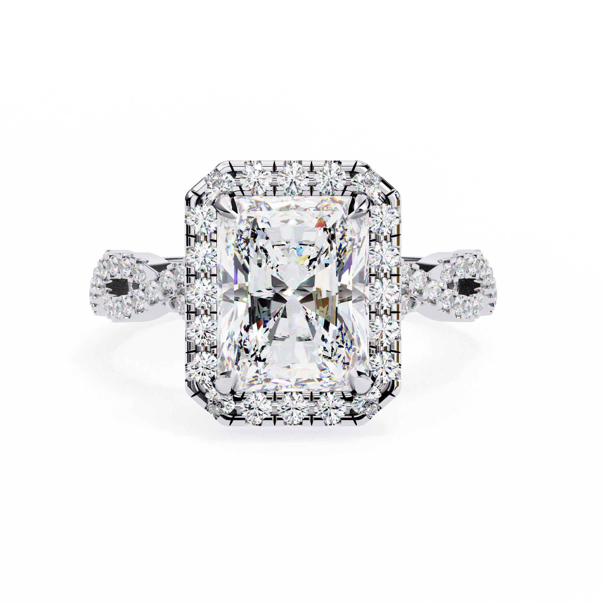 Diamond ring with a large central gemstone and smaller stones on a white background