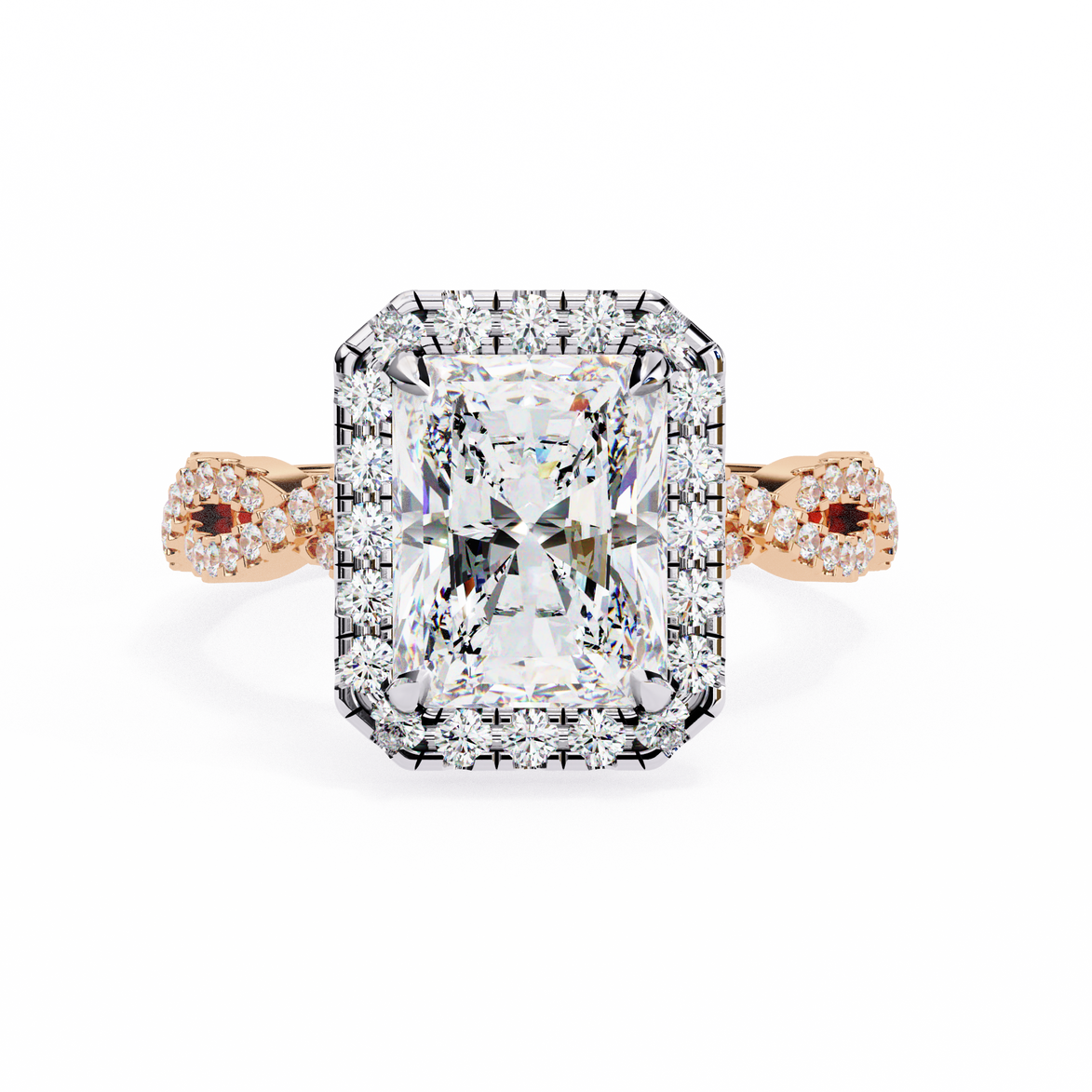 Rose gold ring with a large diamond on a white background