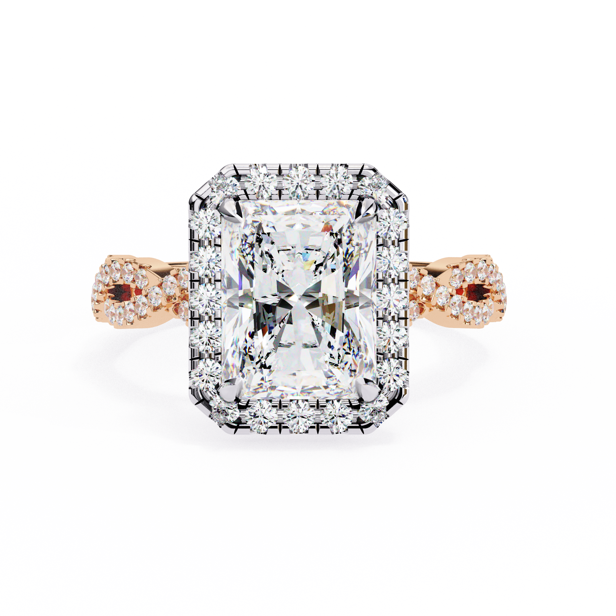 Rose gold ring with a large diamond on a white background