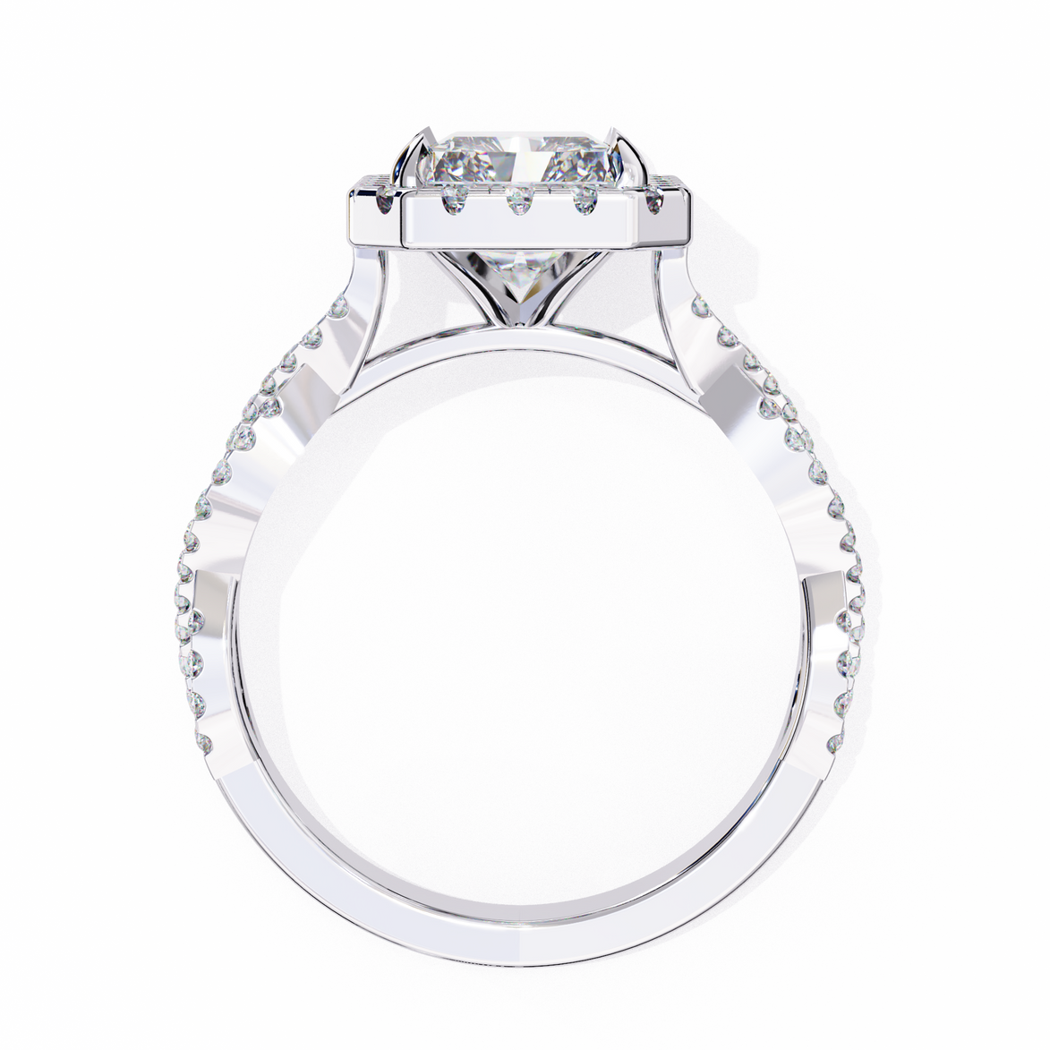 Diamond ring with a white gold band on a white background