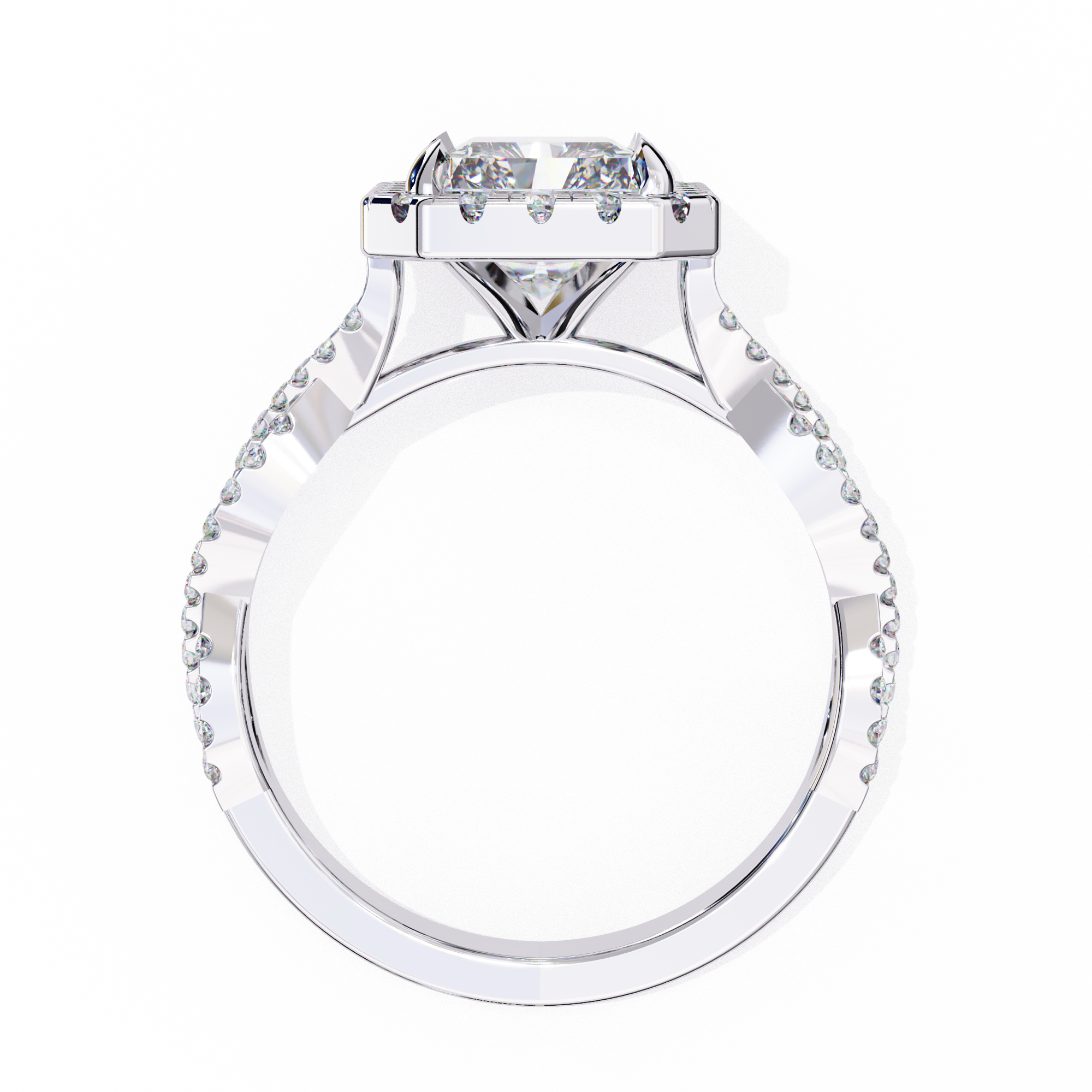 Diamond ring with a white gold band on a white background