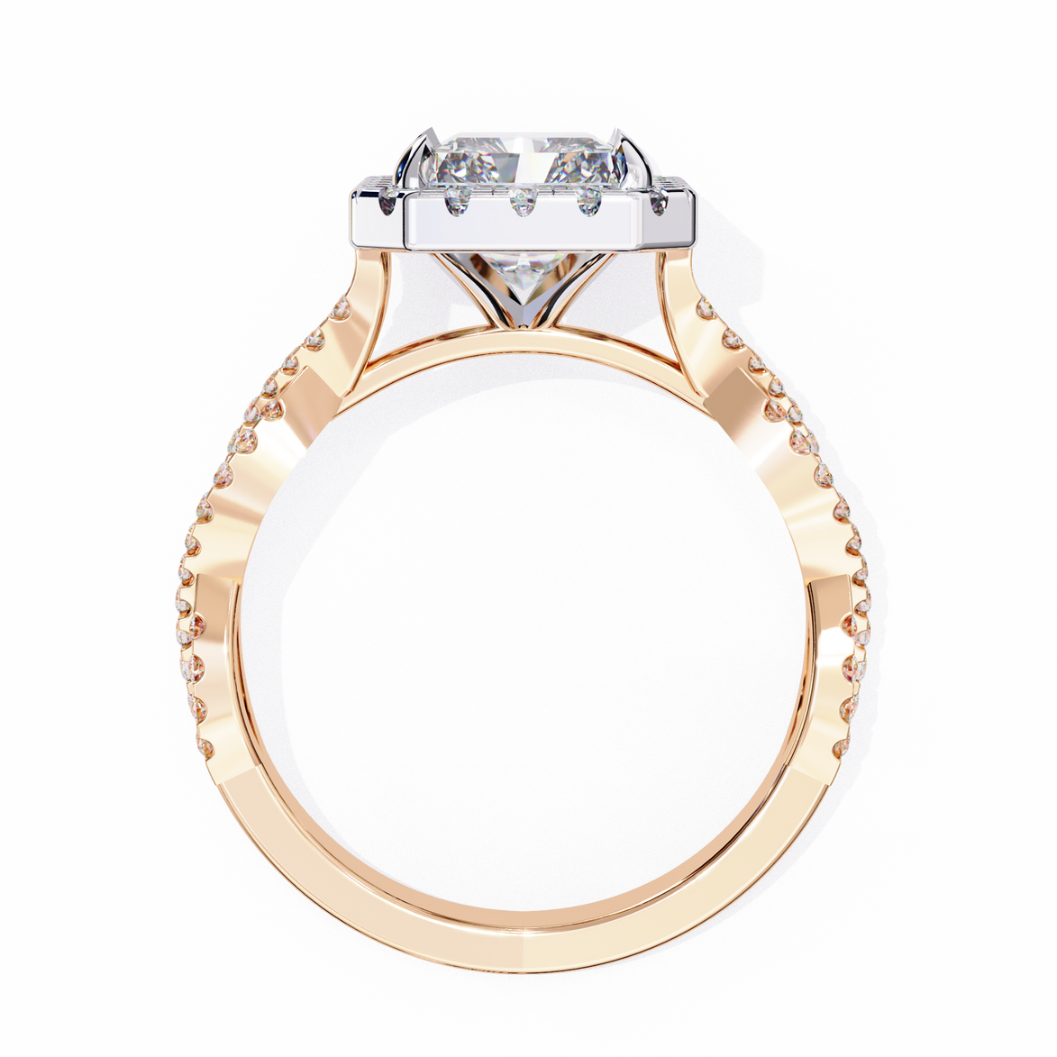 Rose gold ring with a diamond on a white background