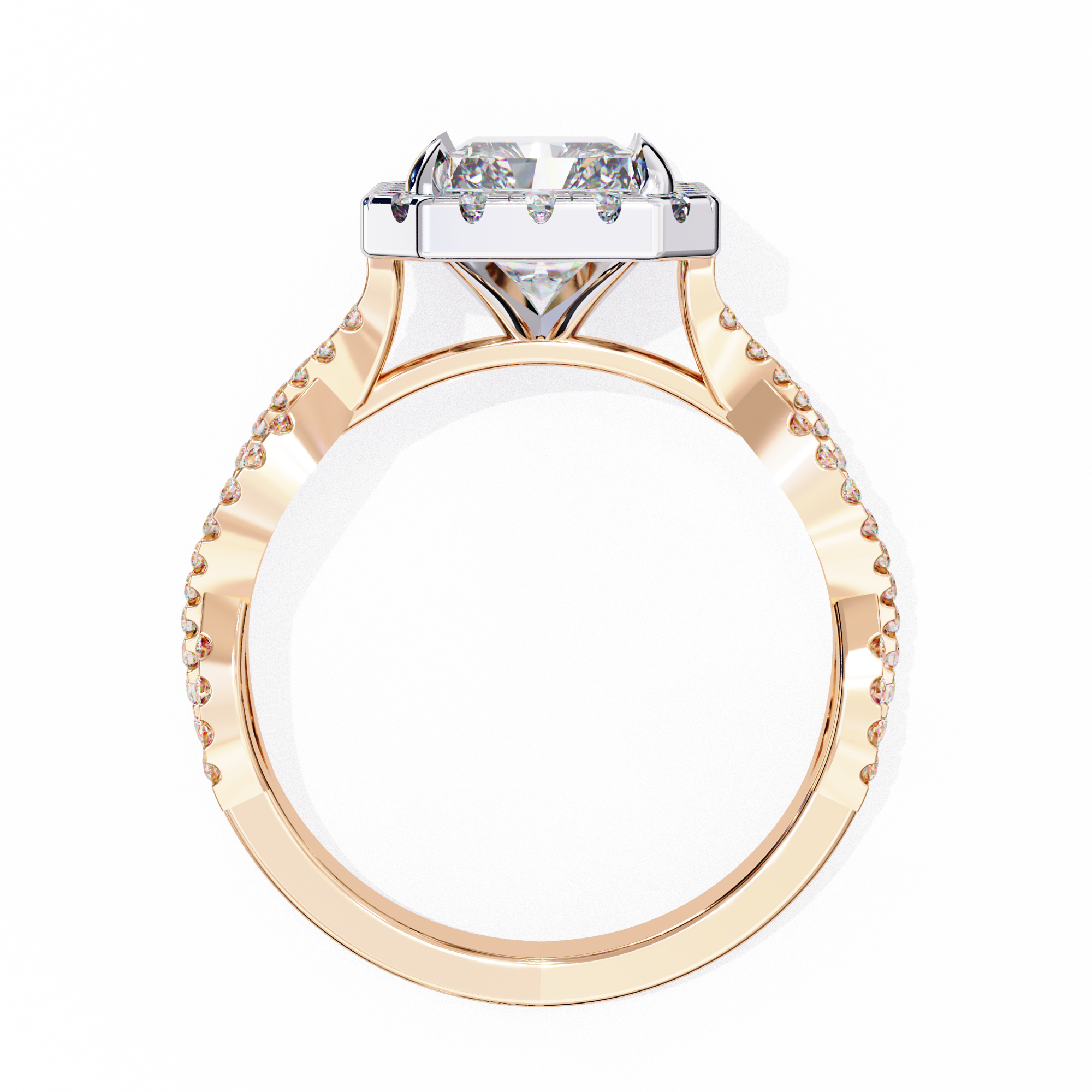 Rose gold ring with a diamond on a white background