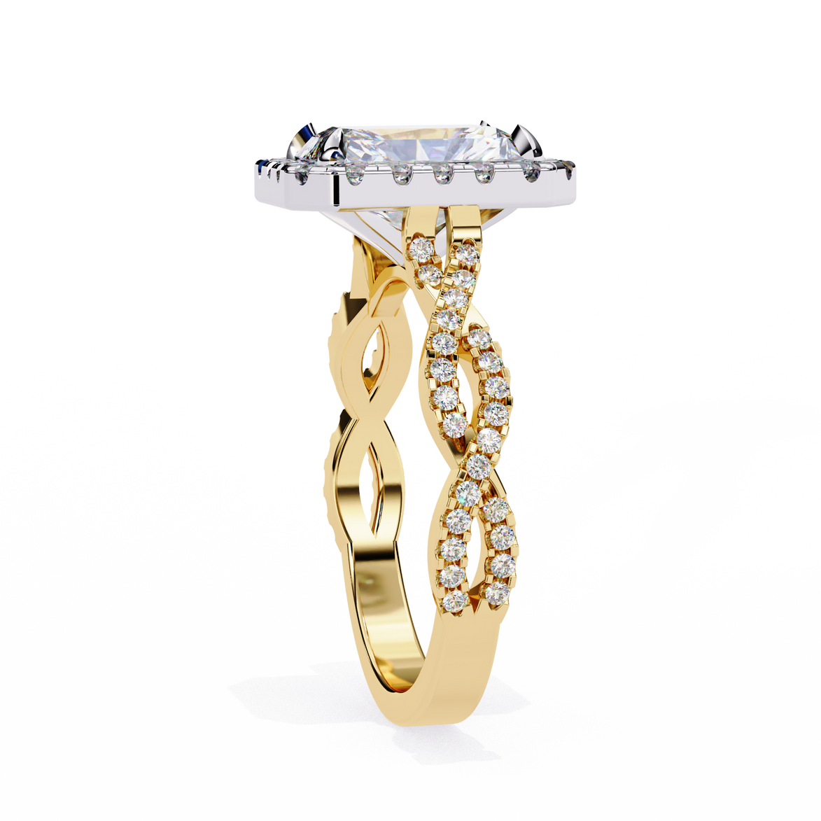 Gold ring with diamond accents on a white background
