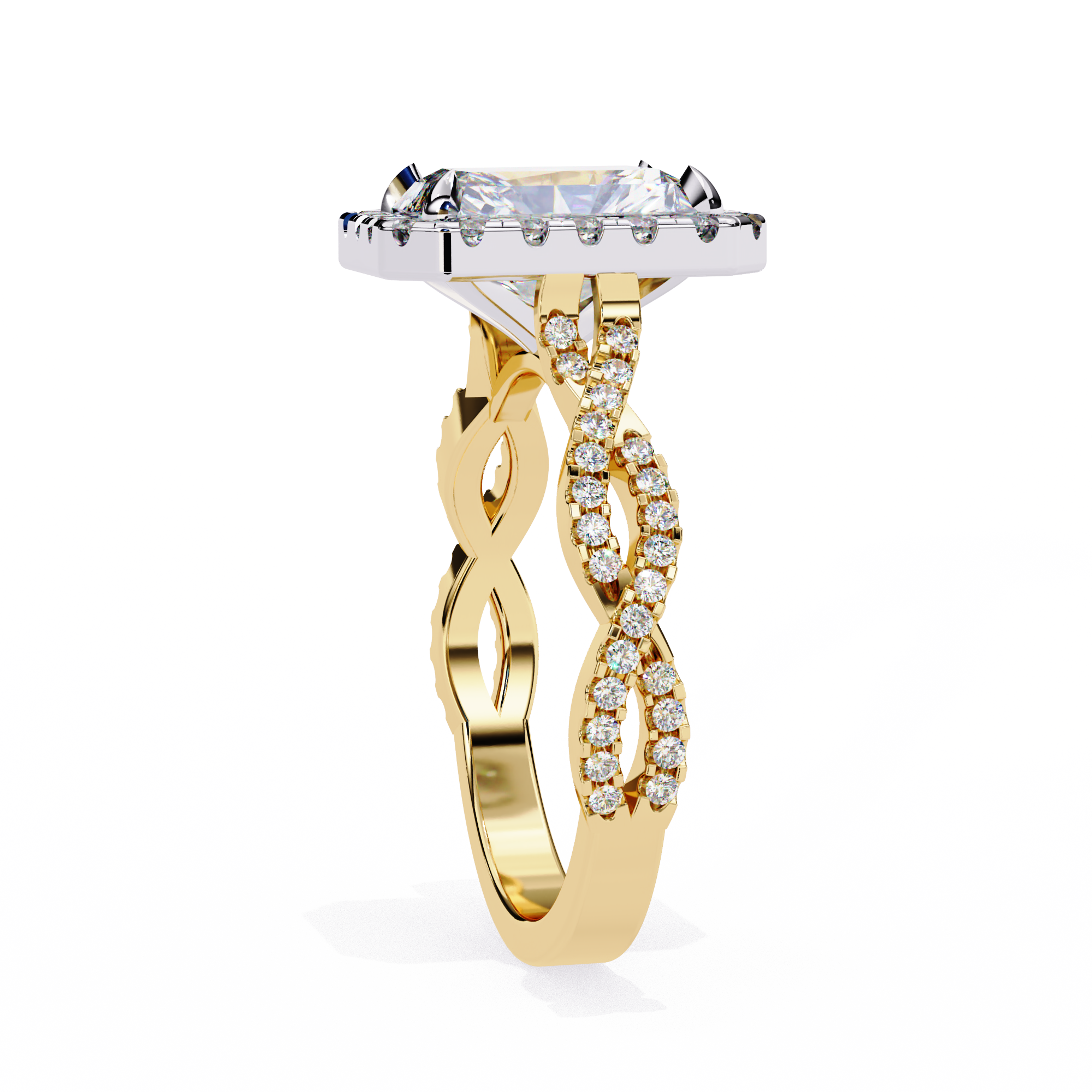 Gold ring with diamond accents on a white background