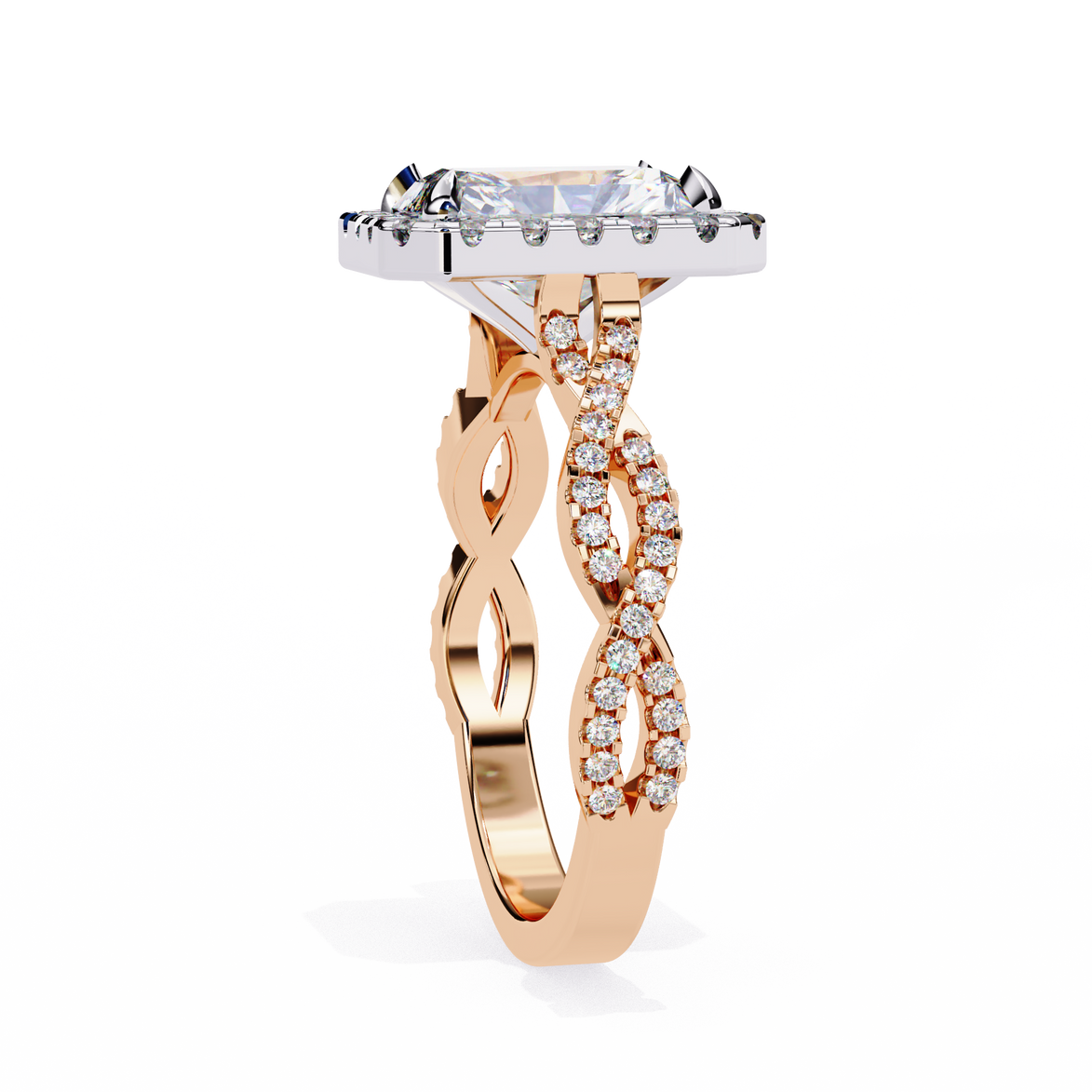 Rose gold ring with diamond accents on a white background