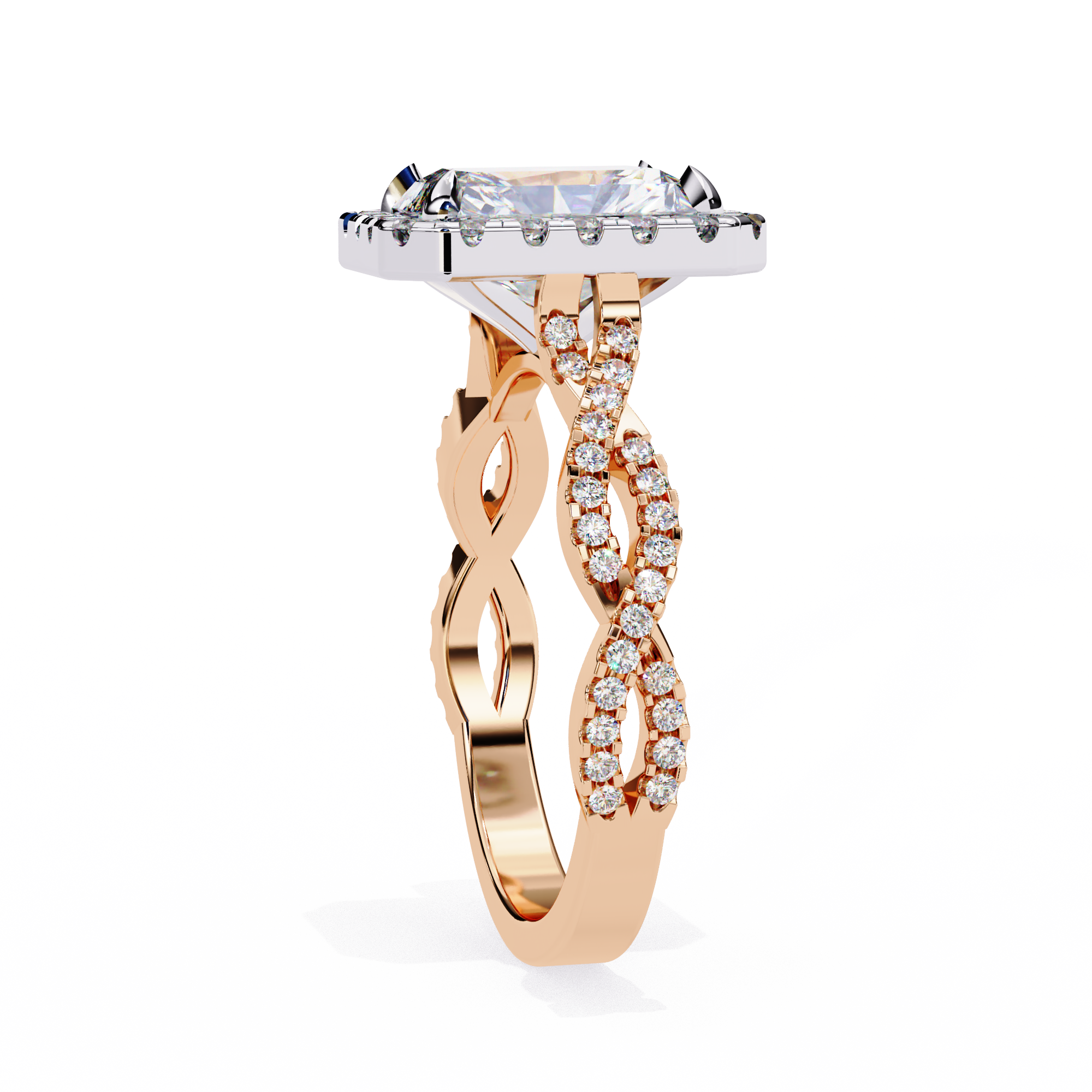 Rose gold ring with diamond accents on a white background