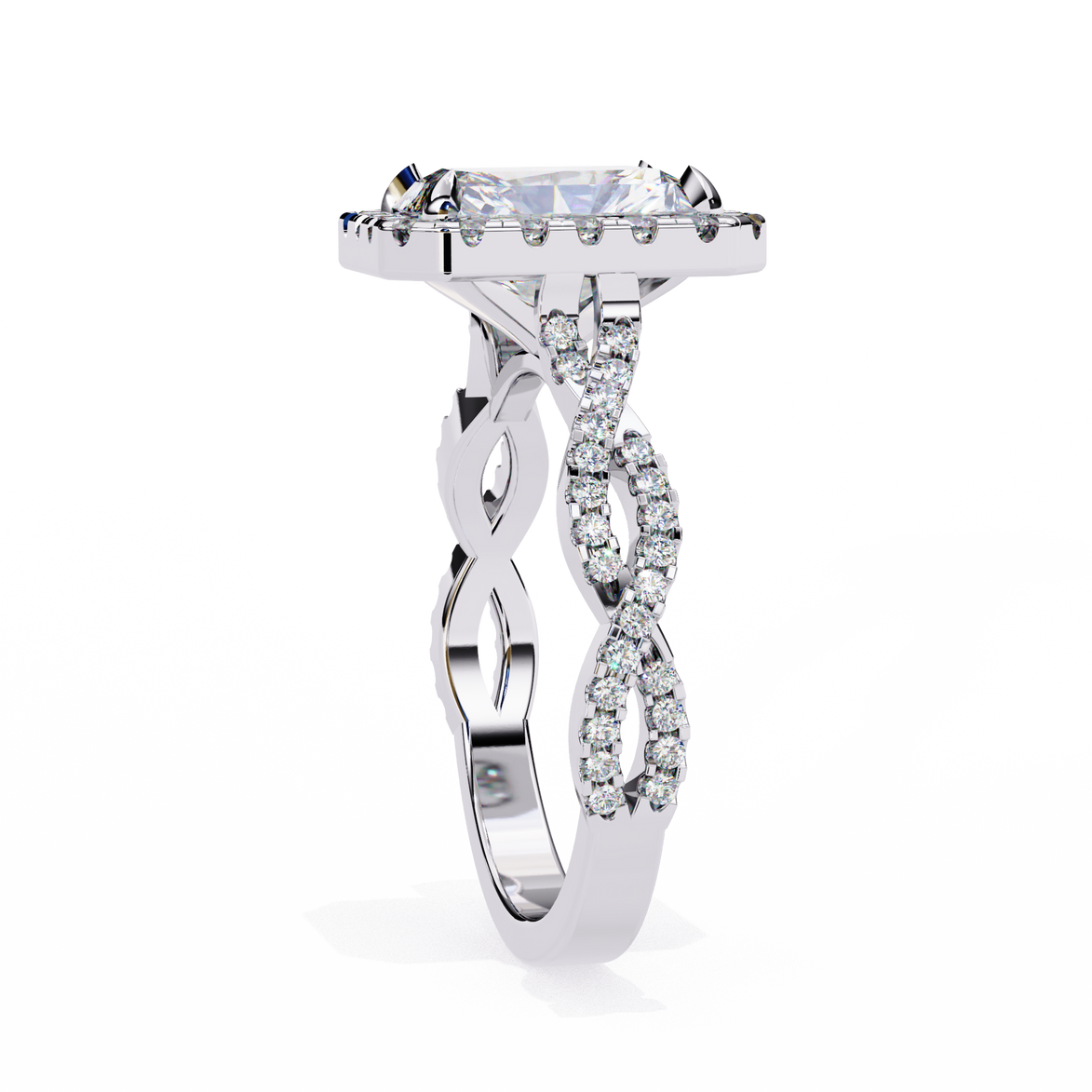 Silver ring with diamond accents on a white background