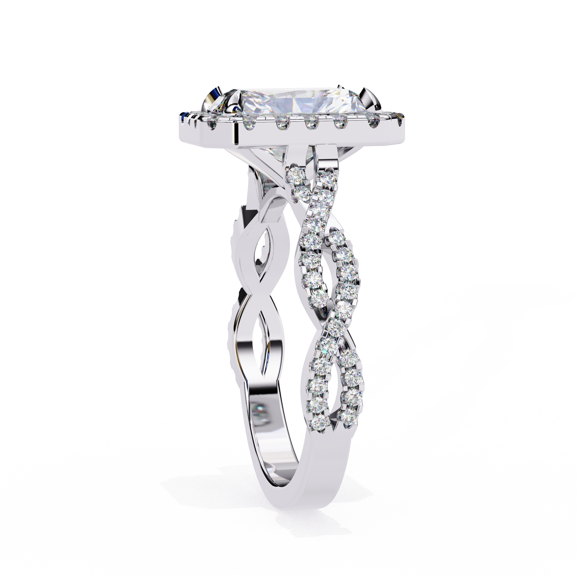 Silver ring with diamond accents on a white background