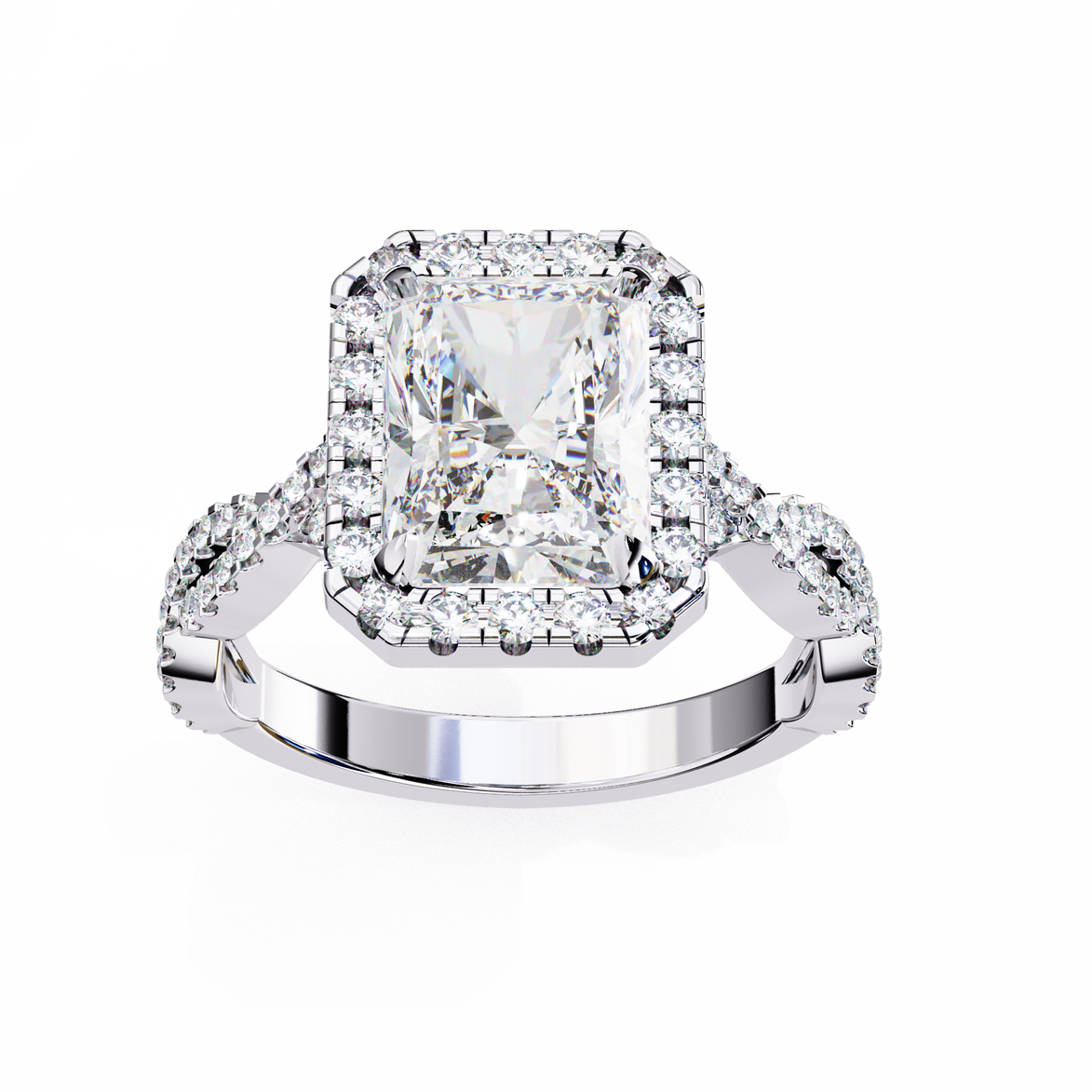 Diamond ring with a central gemstone and smaller diamonds on a white background