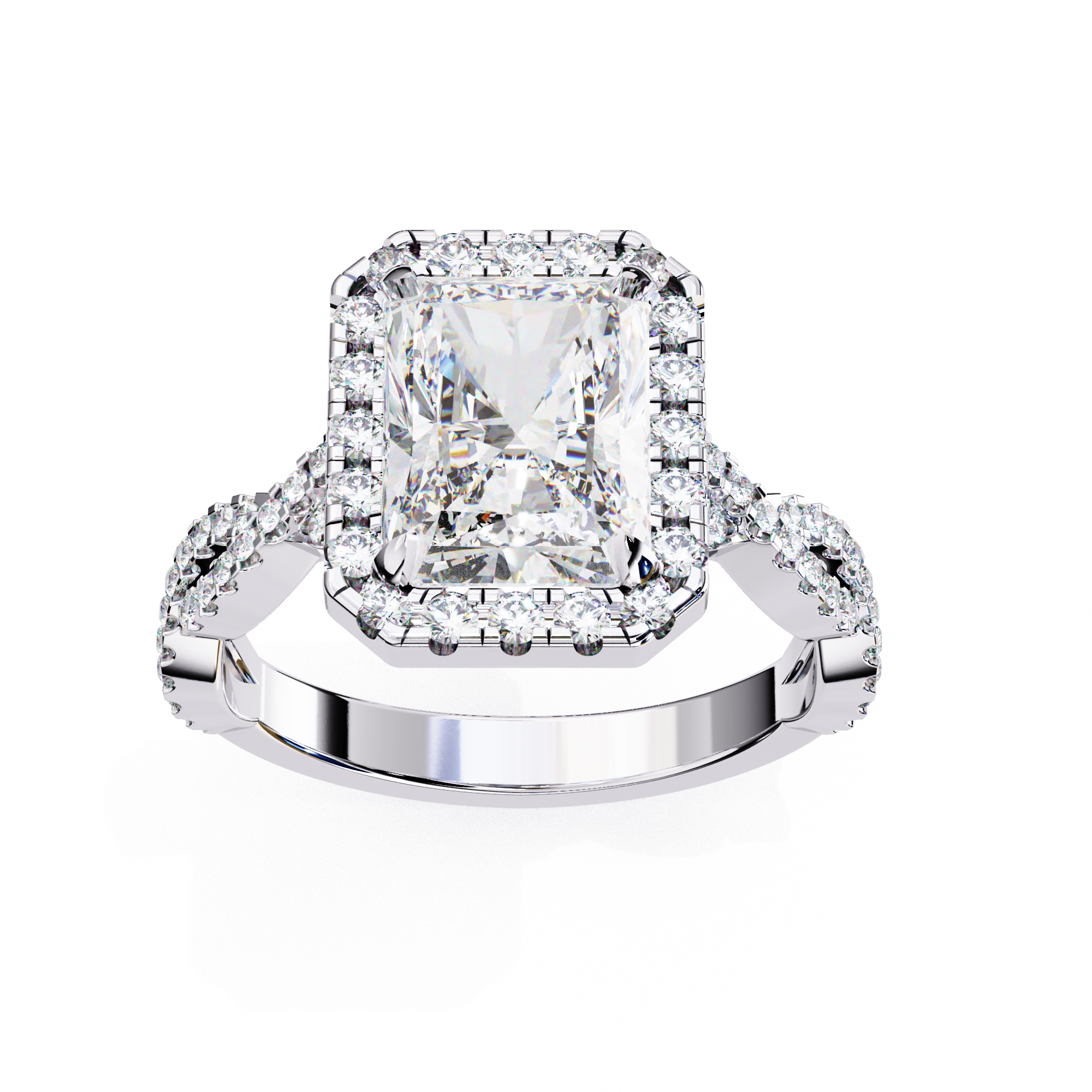 Diamond ring with a central gemstone and smaller diamonds on a white background