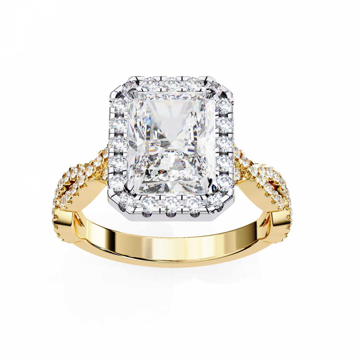 Gold ring with a large diamond and smaller diamonds on the band against a white background
