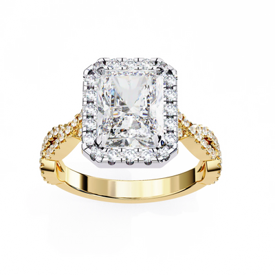 Gold ring with a large diamond and smaller diamonds on the band against a white background