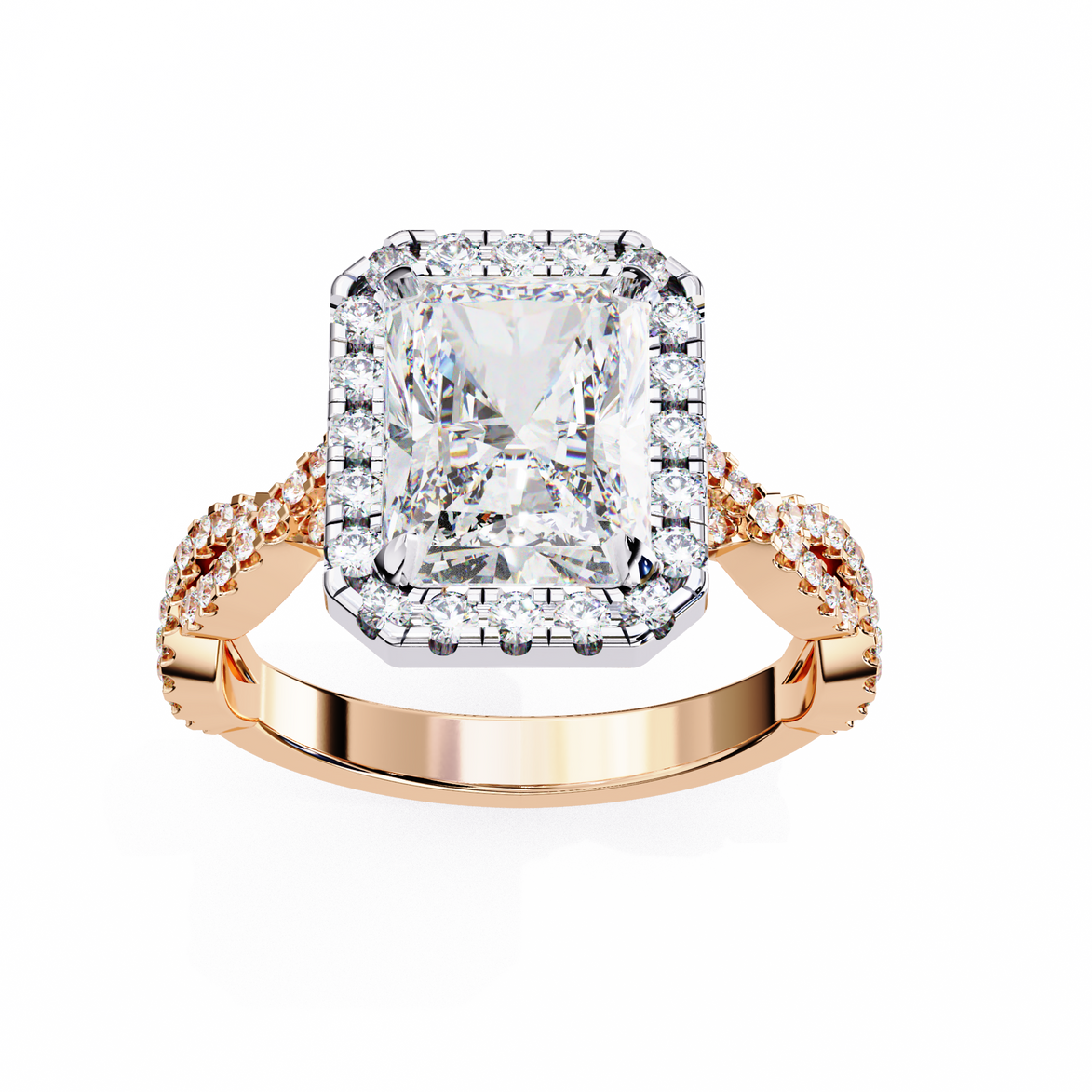 Rose gold ring with a large diamond and smaller diamonds on the band against a white background
